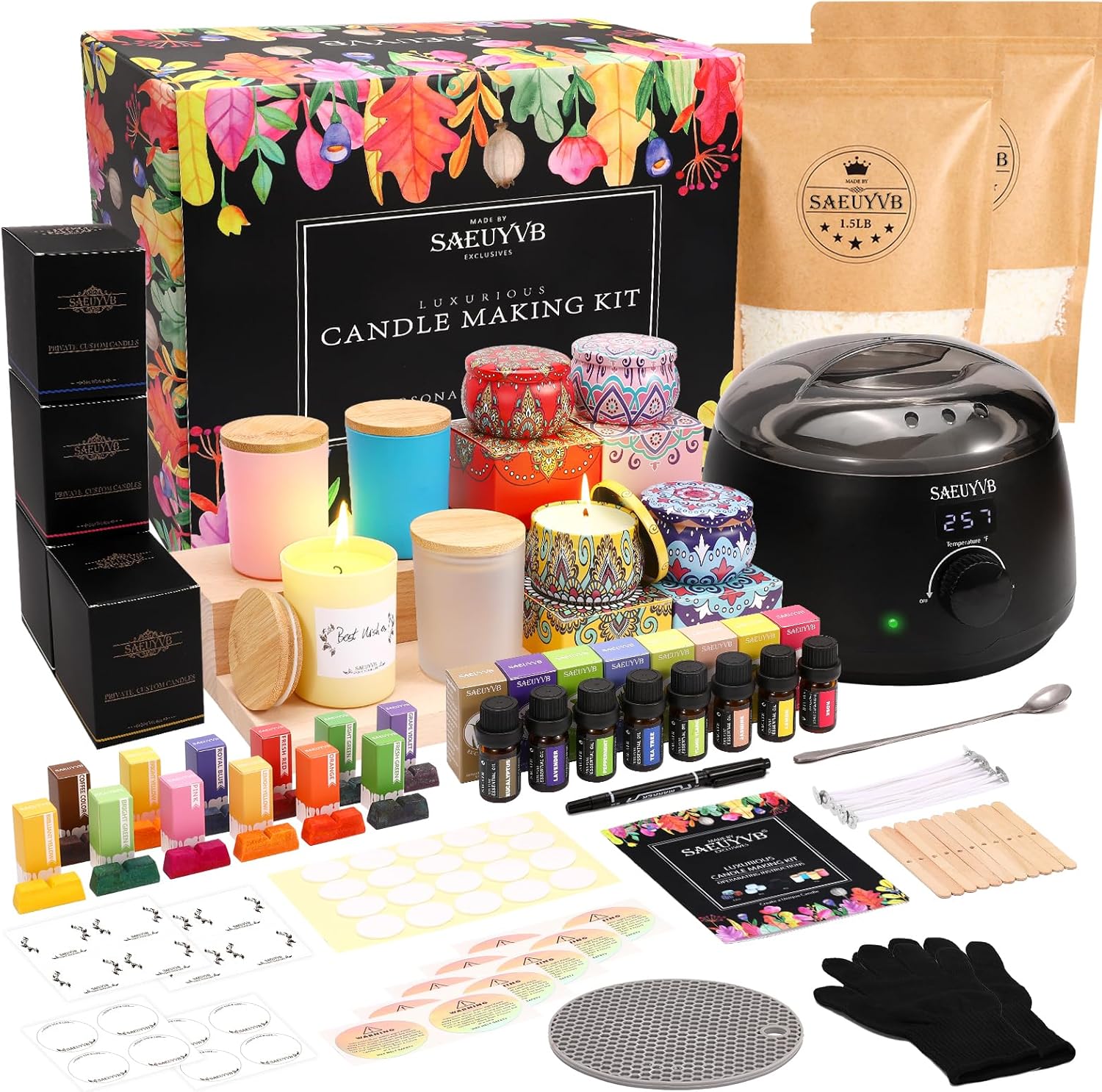 SAEUYVB Candle Making Kit with Hot Plate Full Set - for Adult - DIY Starter Soy Candle Making Supplies - Perfect as Home Decorations