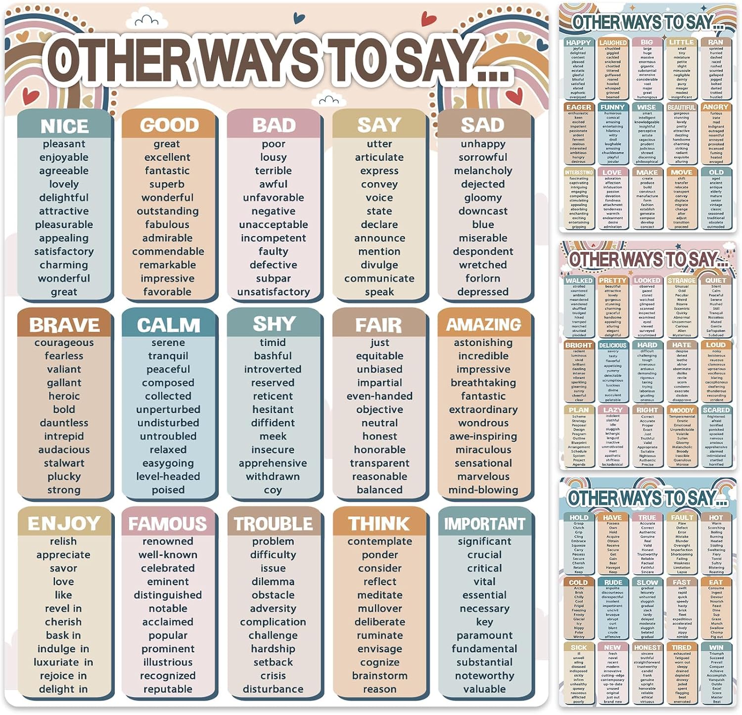 4 Pcs Boho English Educational Posters 60 Groups Grammar Learning Charts Other Way to Say Poster Classroom Synonyms Bulletin Boards Parts of Speech Wall Decor Elementary Middle School Teacher Supplies
