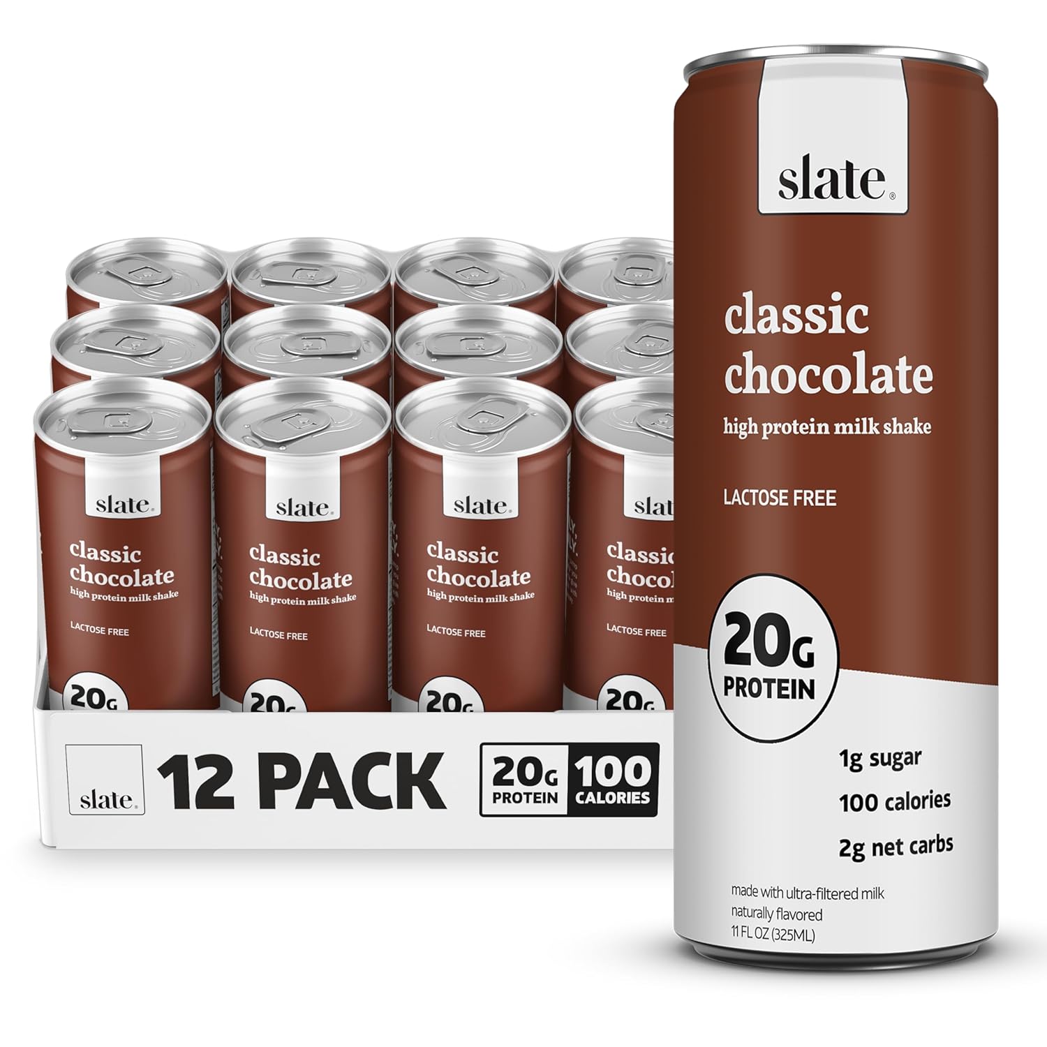 Slate Milk - High Protein Milk Shake - Classic Chocolate - Lactose Free, 20g Protein, 1g Sugar, 100 Calories, 2g Net Carbs, No Added Sugar - Natural, Breakfast Boost, Post Workout - 11 fl oz, 12 Cans