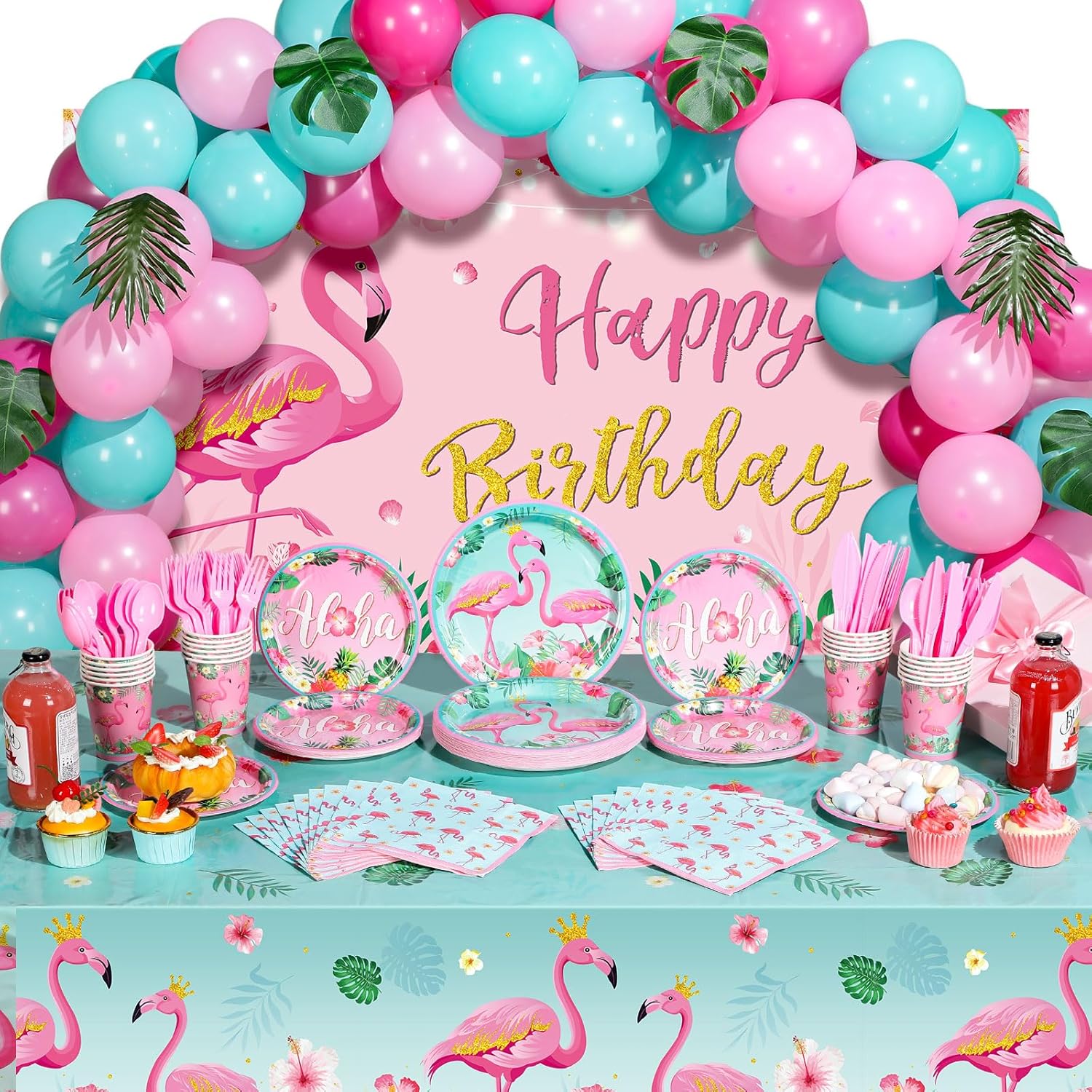 Blosssound 171 Pcs Flamingo Birthday Party Supplies 16 Sets Tropical Hawaiian Party Decorations Include Napkins Plates Cups Spoons Forks Knife Balloons Leaves Backdrop Tablecloth for Girls Boys Kids