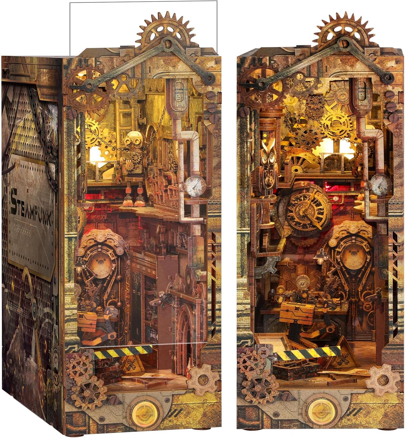 RONSTONE Book Nook - DIY Miniature Dollhouse Booknook Kit with Dust Cover - Bookend Bookshelf Insert Decor with Led Light - STEAMPUNK 3D Wooden Puzzles Gift for Adults