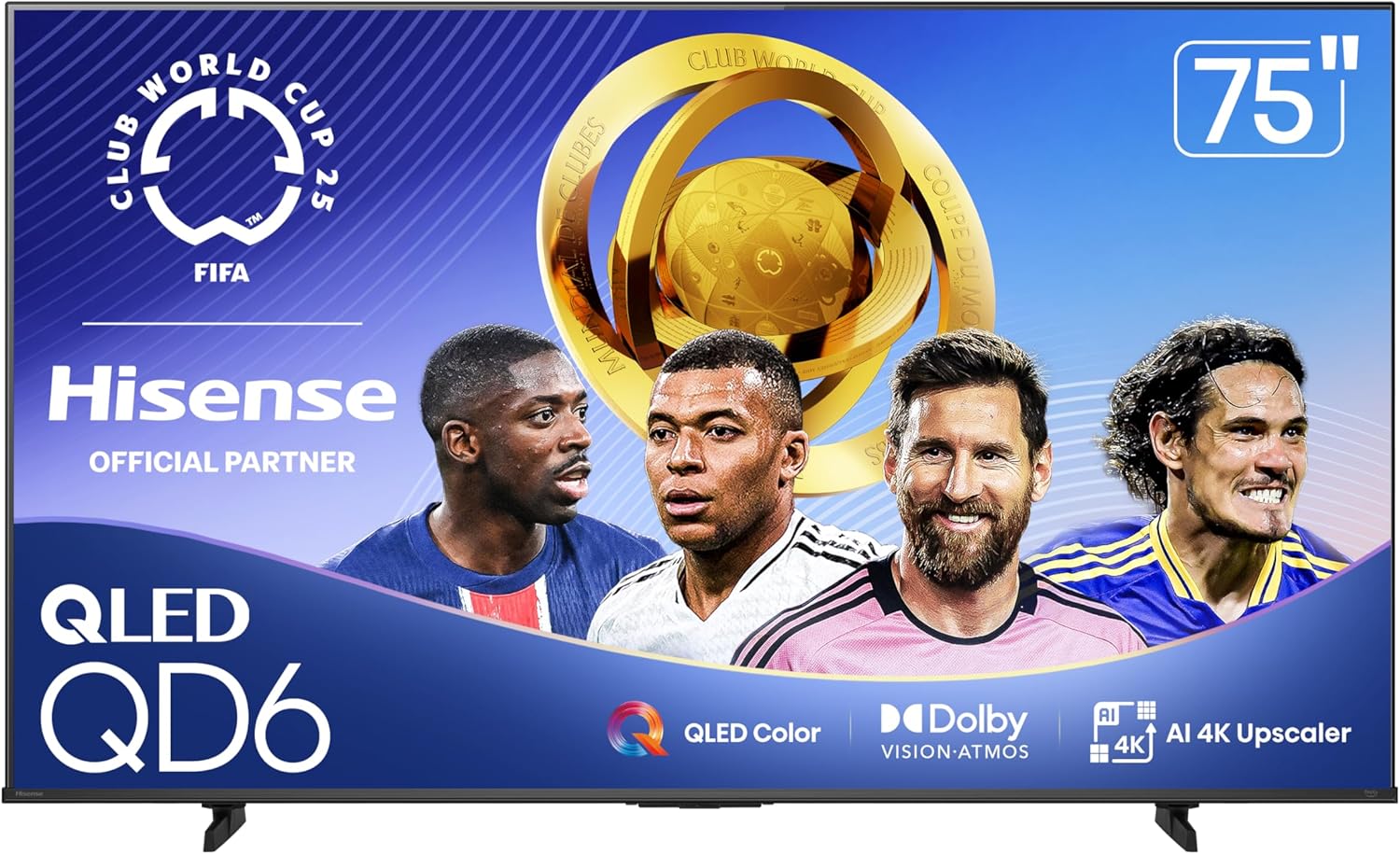 Hisense 75" Class QD6 Series (75QD6QF, 2025 Model) QLED 4K UHD Smart Fire TV, Voice Remote with Alexa, Dolby Vision, Dolby Atmos, Motion Rate 120, HDR 10+, Game Mode Plus, MEMC, VRR, ALLM
