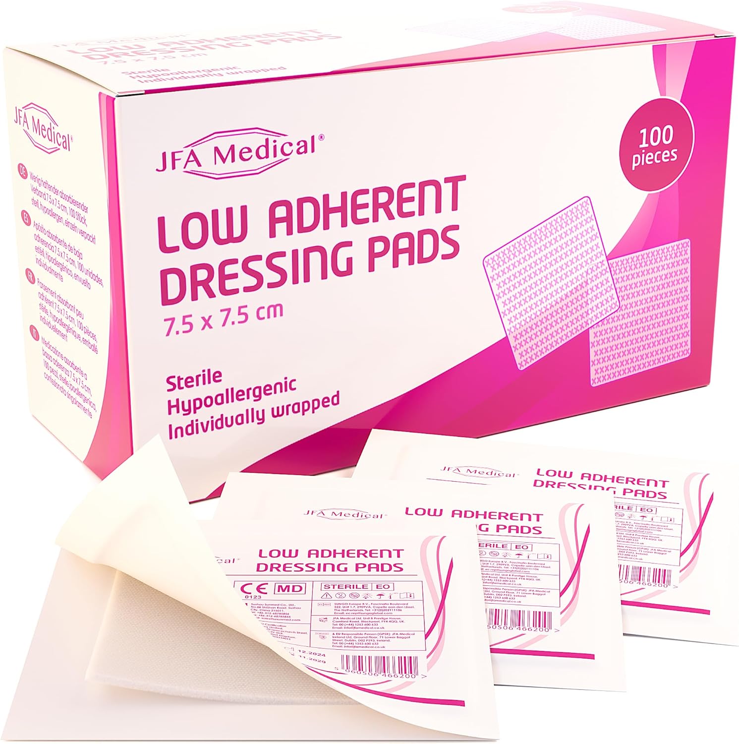 JFA Medical Low Adherent Sterile Absorbent Wound Dressing Pad 7.5cm x 7.5cm – Pack of 100