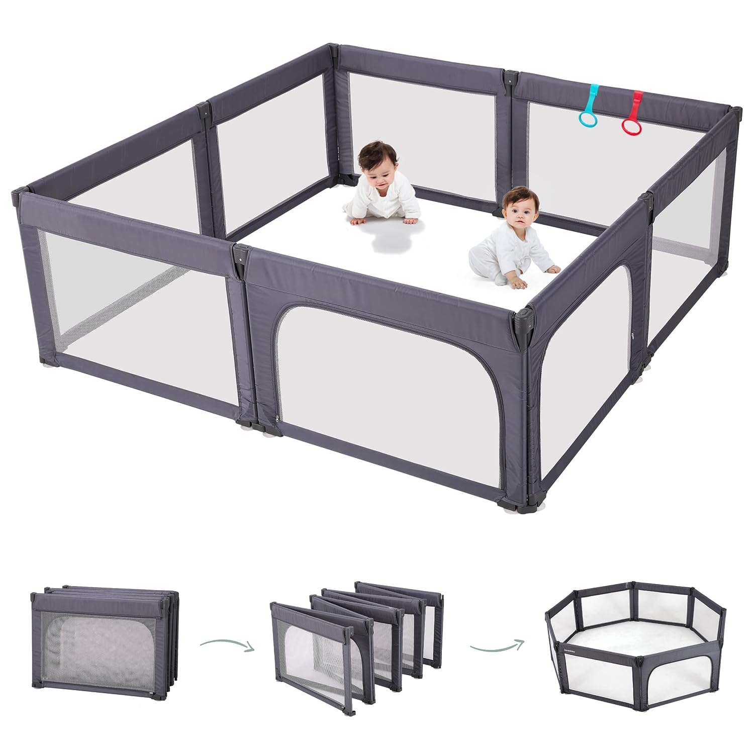 Doradotey 8-Panel Foldable Baby Playpen for Toddlers 1-3, Adjustable Shape & Size Large 79x71” Indoor Playard, No Tools Easy Assembly, 360° Breathable Mesh, Detachable Washable Fabric Fence, Deep Grey