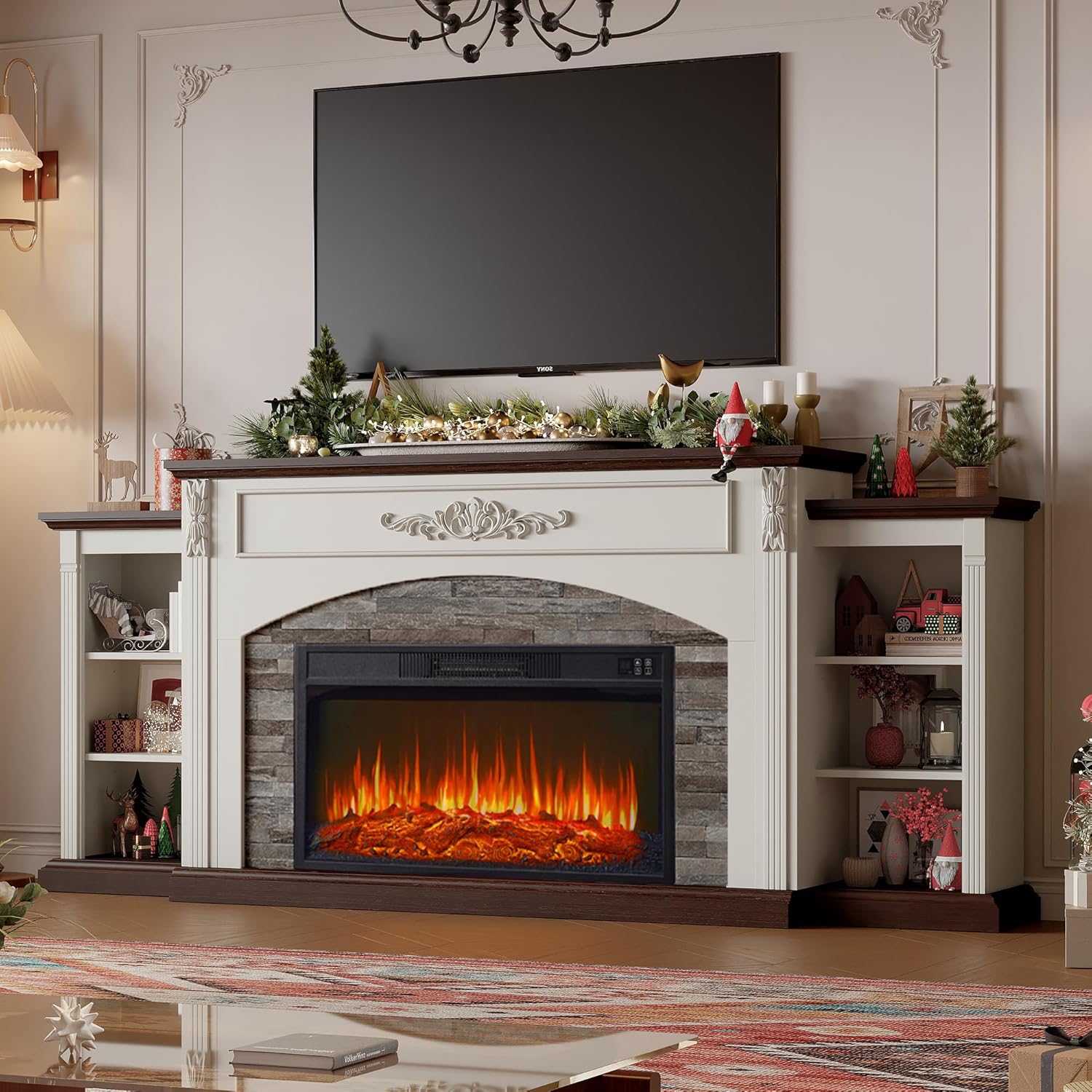 80" Electric Fireplace with Mantel, Fireplace TV Stand for TVs Up to 90 Inch,30” Fire Place Insert Heater for Living Room,Farmhouse Entertainment Center with Storage for Bedroom