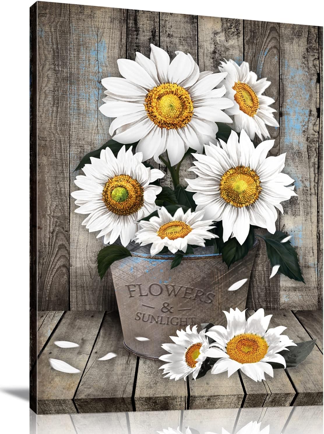 Framed Rustic Farmhouse White Sunflower Wall Art Decor for picture print Floral Vintage Wood Grain Canvas Artwork for Living Room Bedroom Bathroom Office Hotel Modern Home 16x24inch
