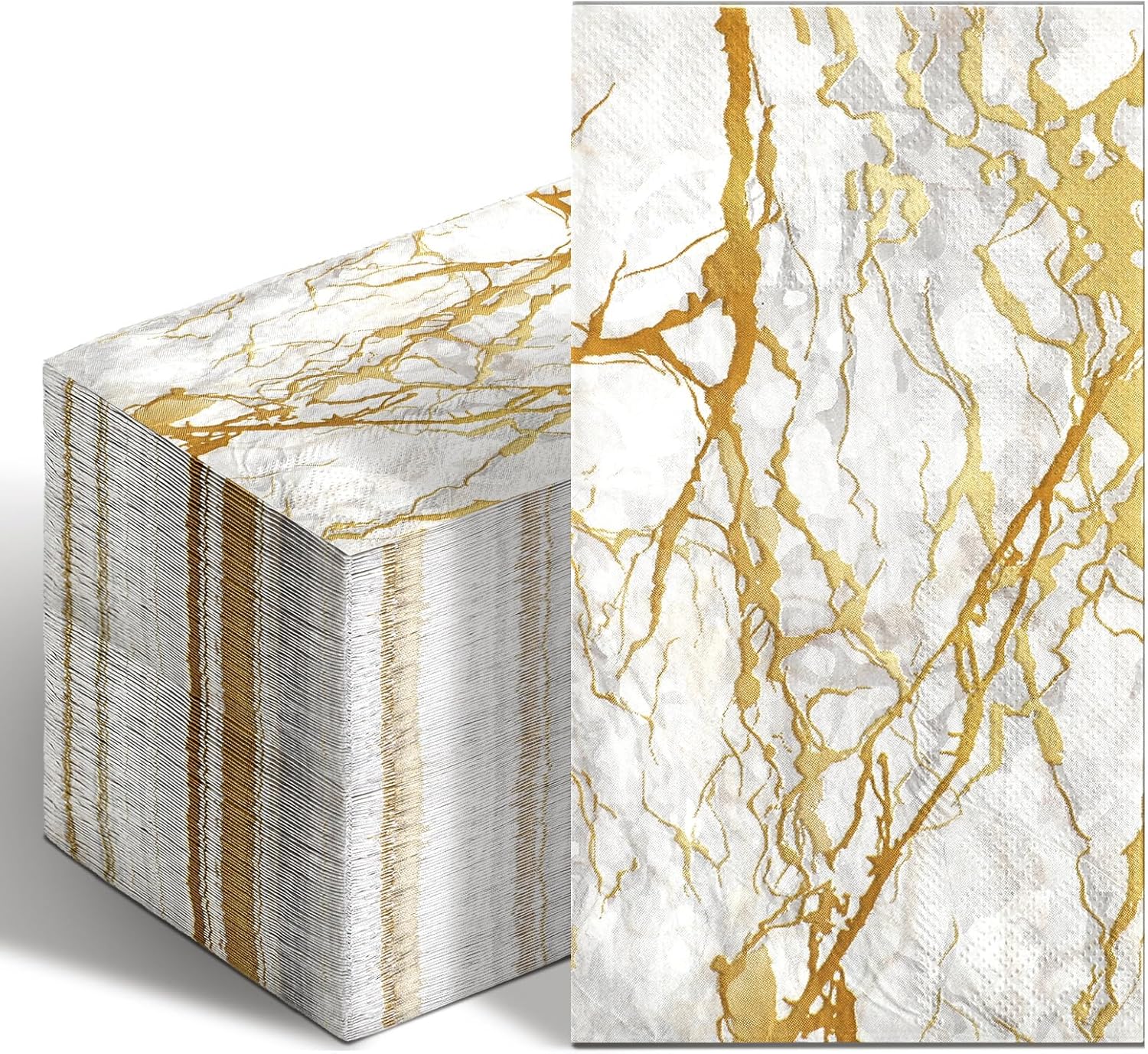 Geyoga 100 Pcs Marble Guest Napkins 2 Ply Disposable Guest Bathroom Paper Napkins Black Gold Marbleized Hand Towels for Home Bathroom Kitchen Table Decor (White Gold)