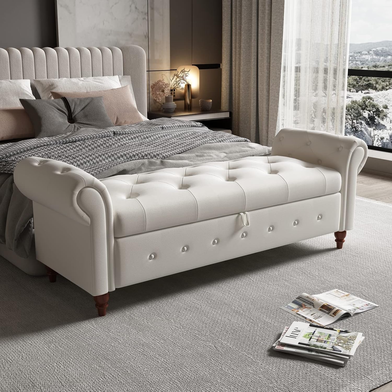 NIOIIKIT 63'' Storage Ottoman Bench, End of Bed Button Tufted Entryway Bench, Rolled Armed Ottoman Couch Long Bench for Bedroom, Living Room, End of Bed, Hallway (Beige Polyester)