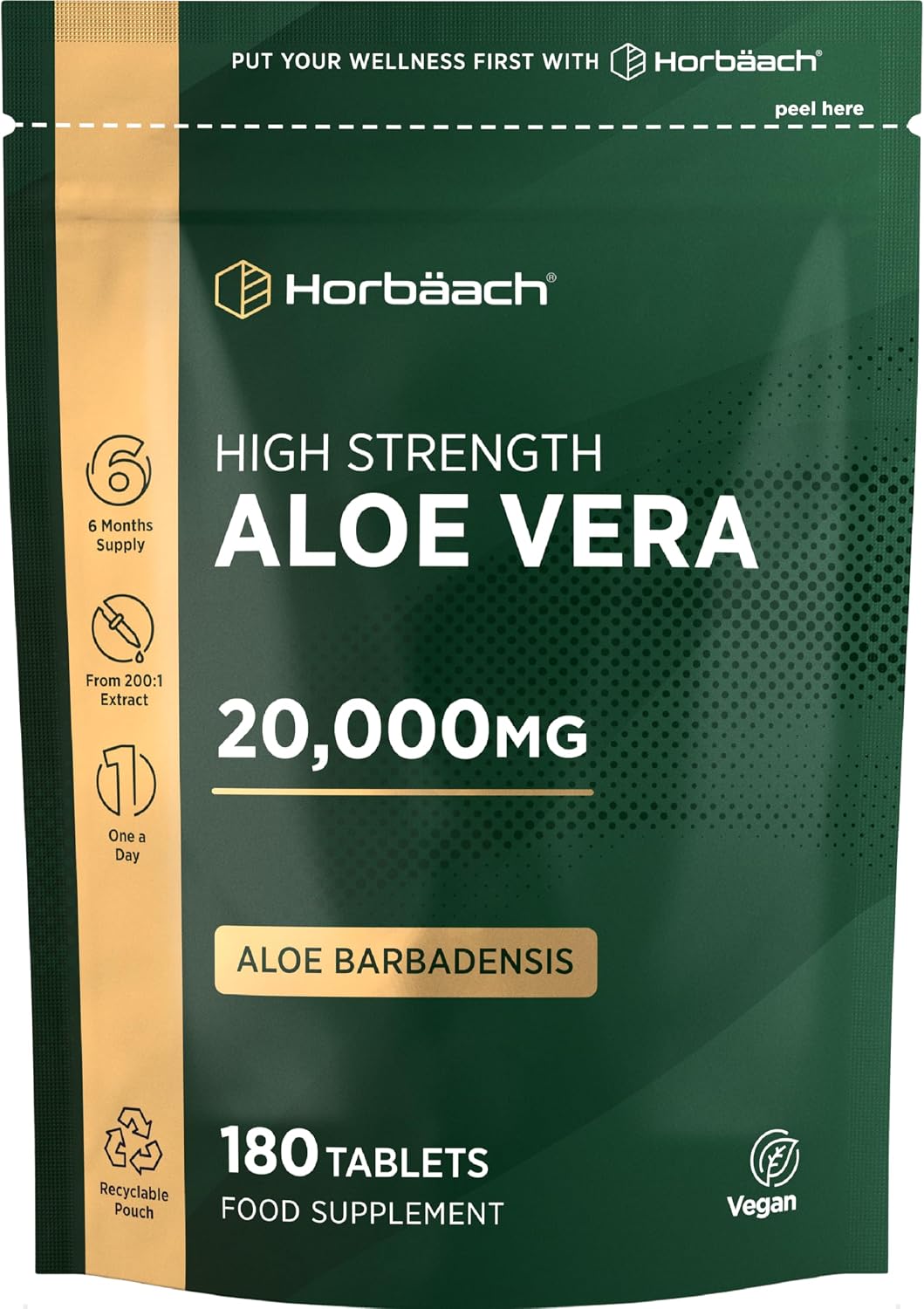 Aloe Vera Tablets 20,000mg | High Strength One-A-Day Formula | 180 Count | Suitable for Vegetarians & Vegans | by Horbaach