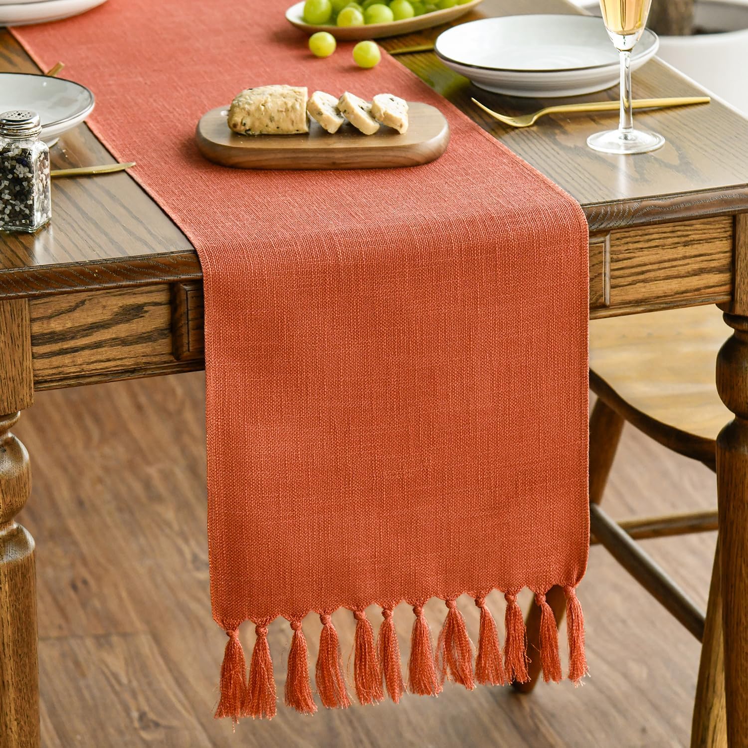 Artoid Mode Terracotta Orange Boho Rustic Farmhouse Fall Tassel Table Runner, 33x183 cm Autumn Kitchen Dining Table Decoration Wedding Holiday Party