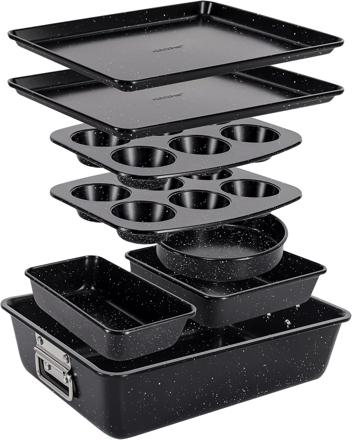 NutriChef 8-Piece Stackable Bakeware Set - Carbon Steel Non-Stick Baking Pan Set, Sheet, Muffin, Round, Loaf, Square Cake & Deep Pans, 450°F Heat Resistant, Standard & Convection Ovens (Black Marble)