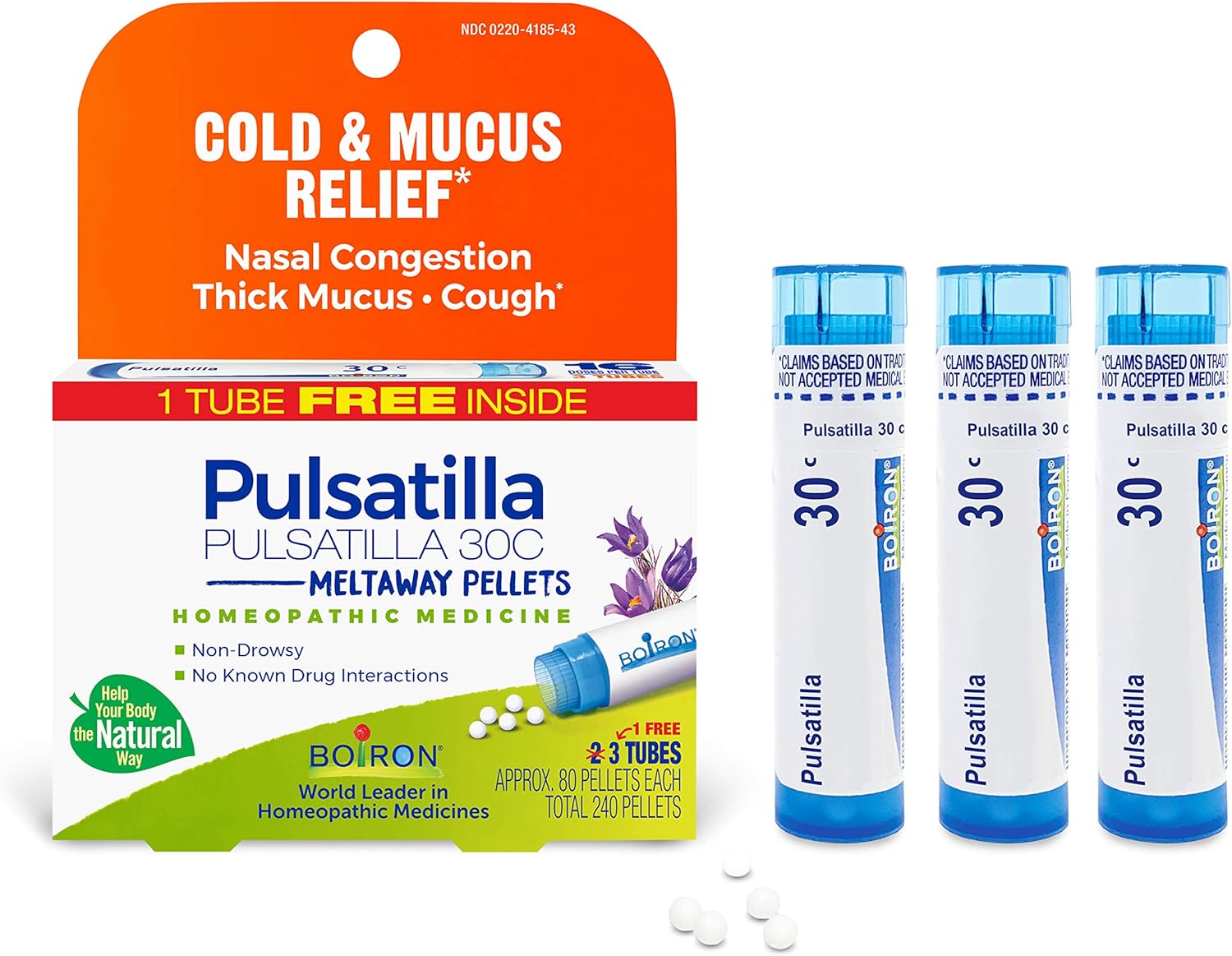 Boiron Pulsatilla 30C Homeopathic Medicine for Relief from Cold, Nasal Congestion, Thick Mucus, and Cough - 3 Count (240 Pellets)