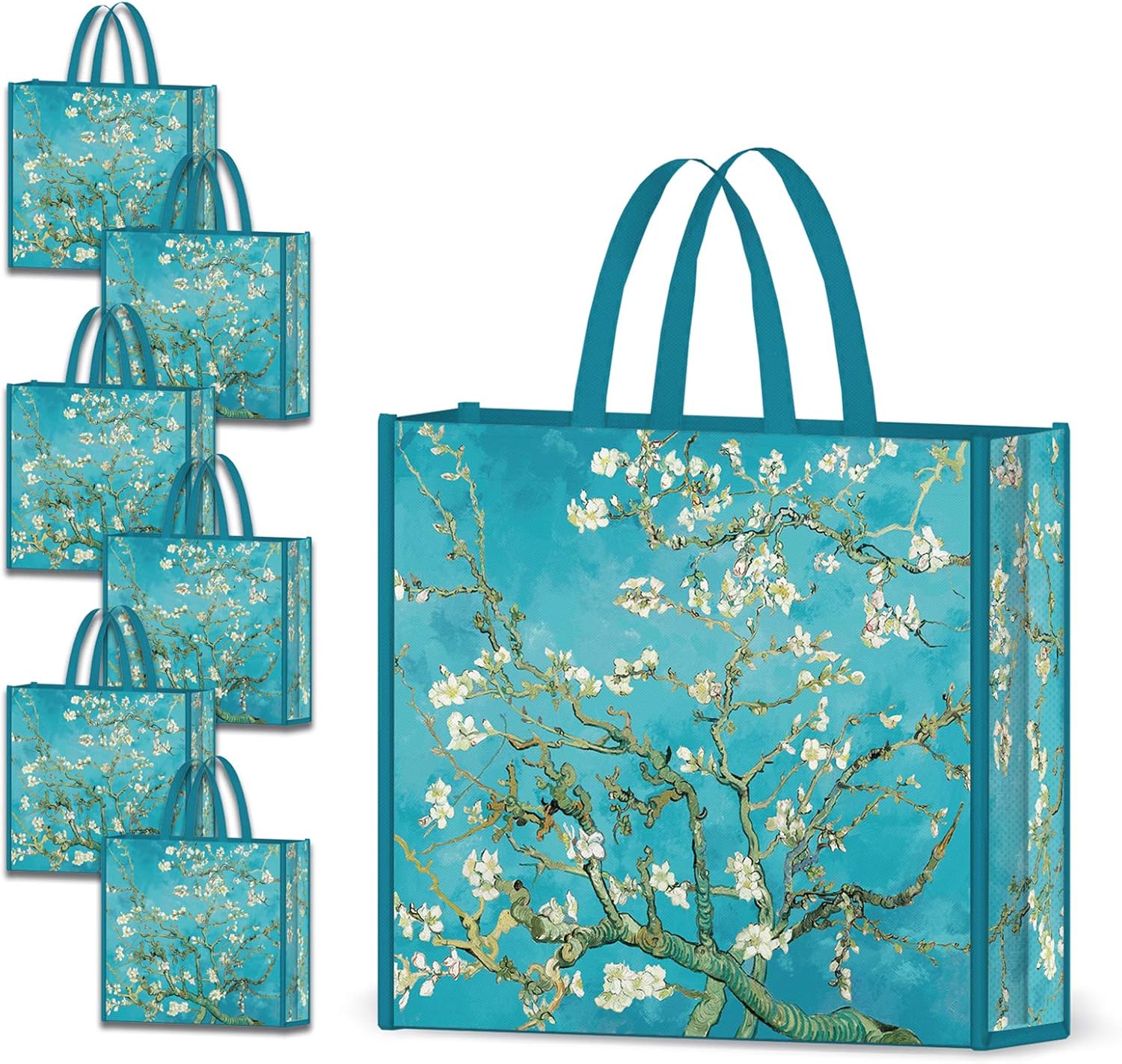 NymphFable 6 Pack Grocery Bags Reusable Almond Blossoms Shopping Bags Waterproof Tote Bag Gift Bags 50LBS