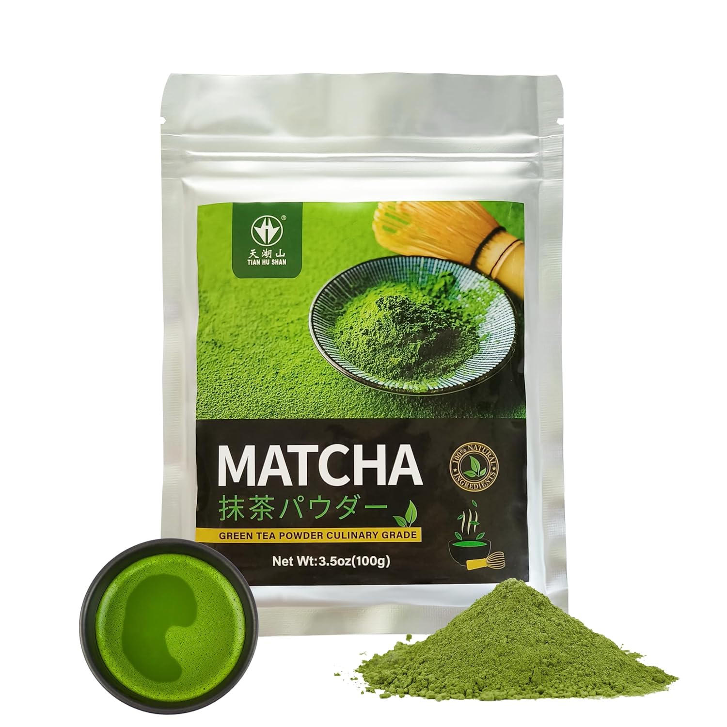 TIAN HU SHAN Matcha Green Tea Powder 3.5oz/100g, Pure Matcha Powder Culinary Grade Unsweetened for Lattes, Cooking, Baking, Vegan 100% Natural