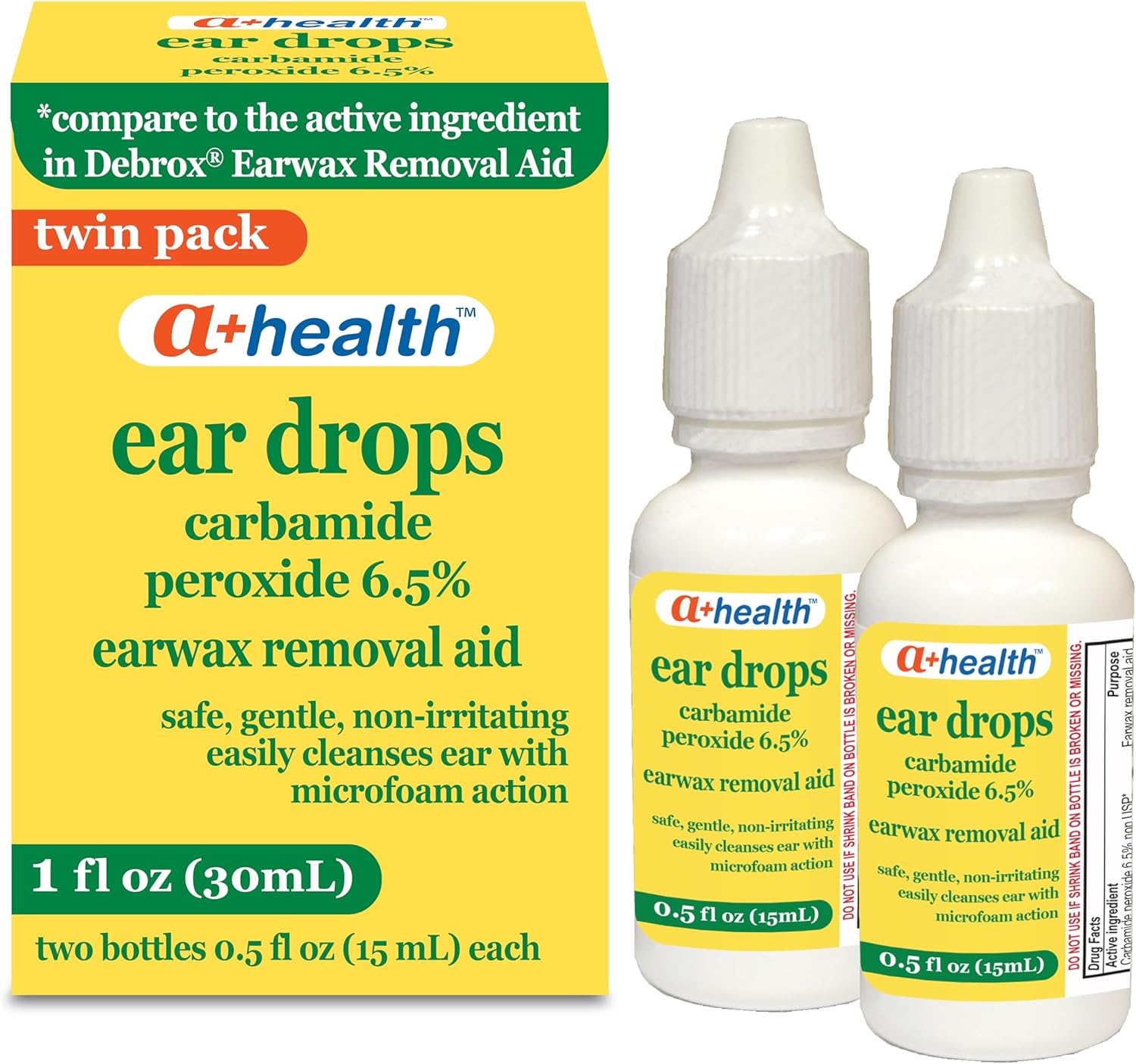A+Health Earwax Removal Drops, Carbamide Peroxide 6.5%, Made in USA, Twin Pack, 1 fl Ounce(Two 0.5 fl oz bottles)