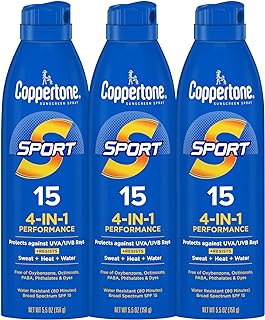Coppertone Sport Sunscreen Spray, Broad Spectrum SPF 15 Water Resistant Spray Sunscreen, 5.5 Oz, Pack of 3
