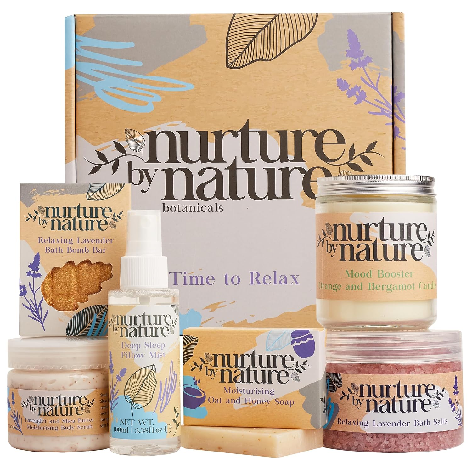 Nurture by Nature Spa Gifts for Women - Mothers Day Gifts for Mom, Self Care Gift Set & Spa Gift Basket for Women, 6 Piece Bath Set with Candle, Bath Bomb, Salts & Pillow Spray - Relaxation Gifts