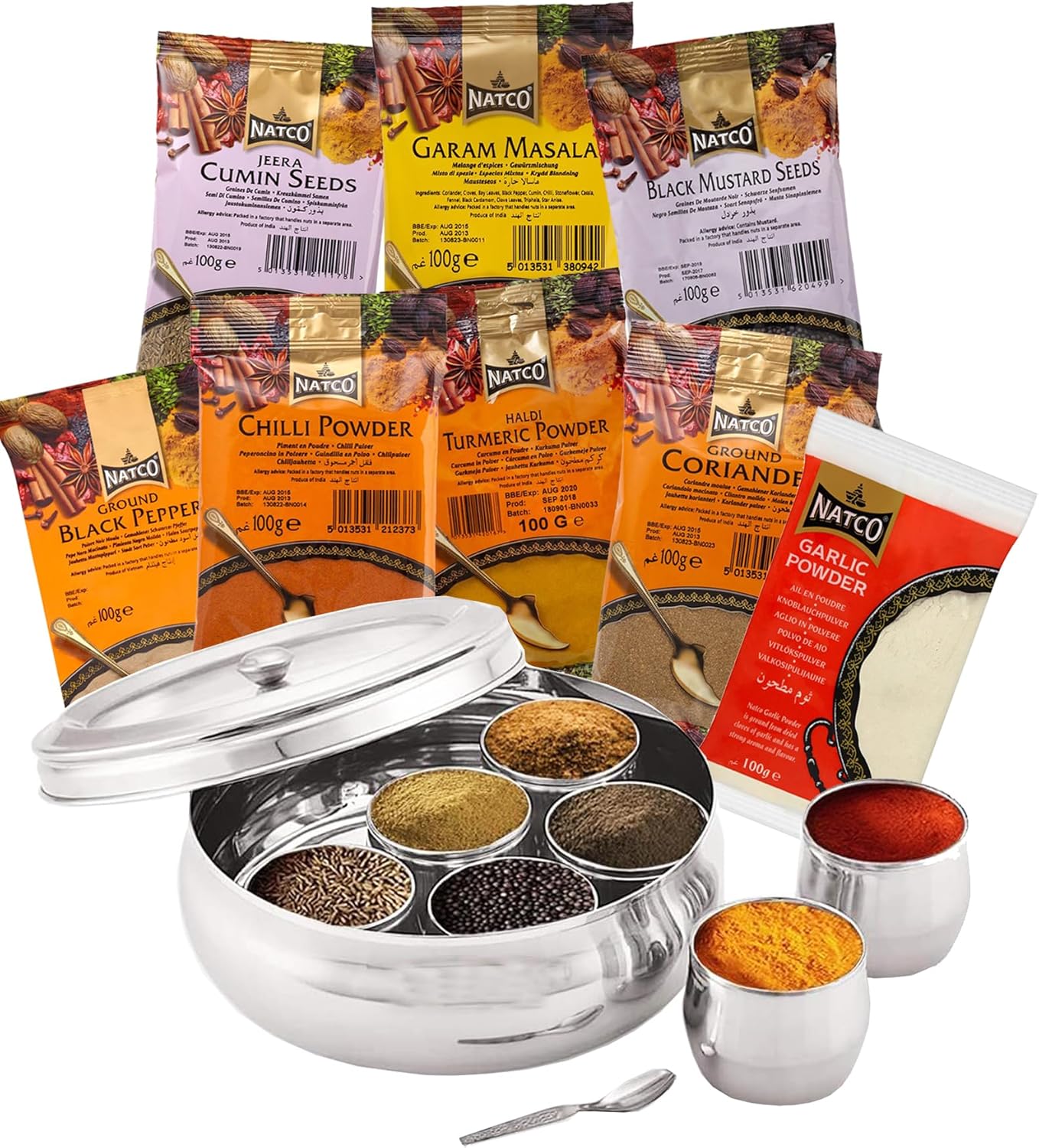 Essential Indian Spice Gift Set Spices for Cooking | Authentic Collection Spice Gift | 8 Spices & Belly Dabba with Transparent Lid | Masala Dabba with 7 Compartments