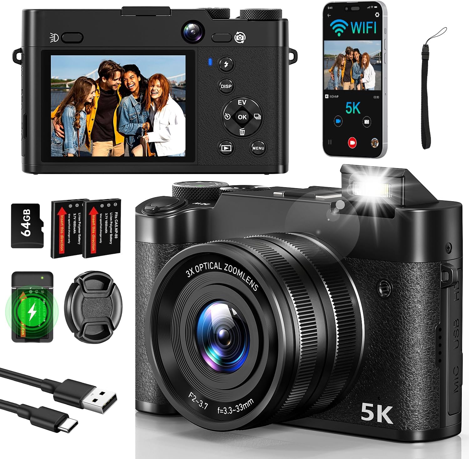 5K 64MP Digital Camera, WiFi Cameras for Photography & Video, 3X Optical Zoom Autofocus Travel Vlogging Camera for YouTube, 64GB Card, 2 Batteries
