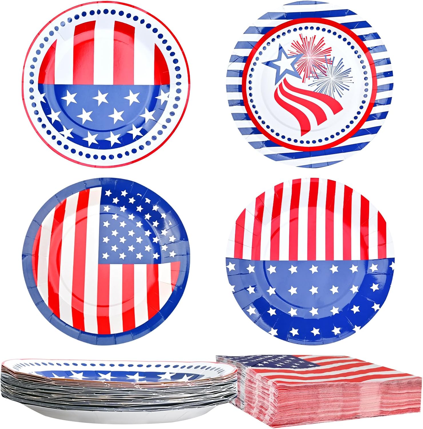 96 Pcs July 4th Patriotic Party Supplies, 9" Disposable Paper Plates & 6.5/5" Napkins with American Flag Theme, Red White Blue Stars Stripes Designs for Independence Day Memorial Day Decorations