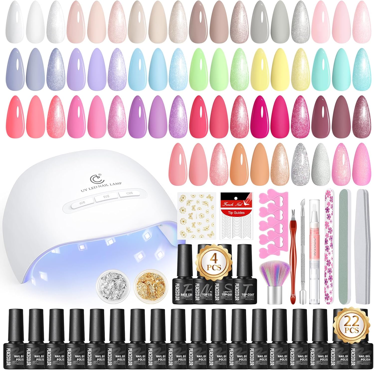 PEACECOLOR Gel Nail Polish Set, 39 PCS Gel Nail Kit with U V Lamp 22+4 Colours White Pink Yellow Gels Polish Set with Base and Top Coat Manicure Tools Nail Salon Sets DIY at home Gifts for Women