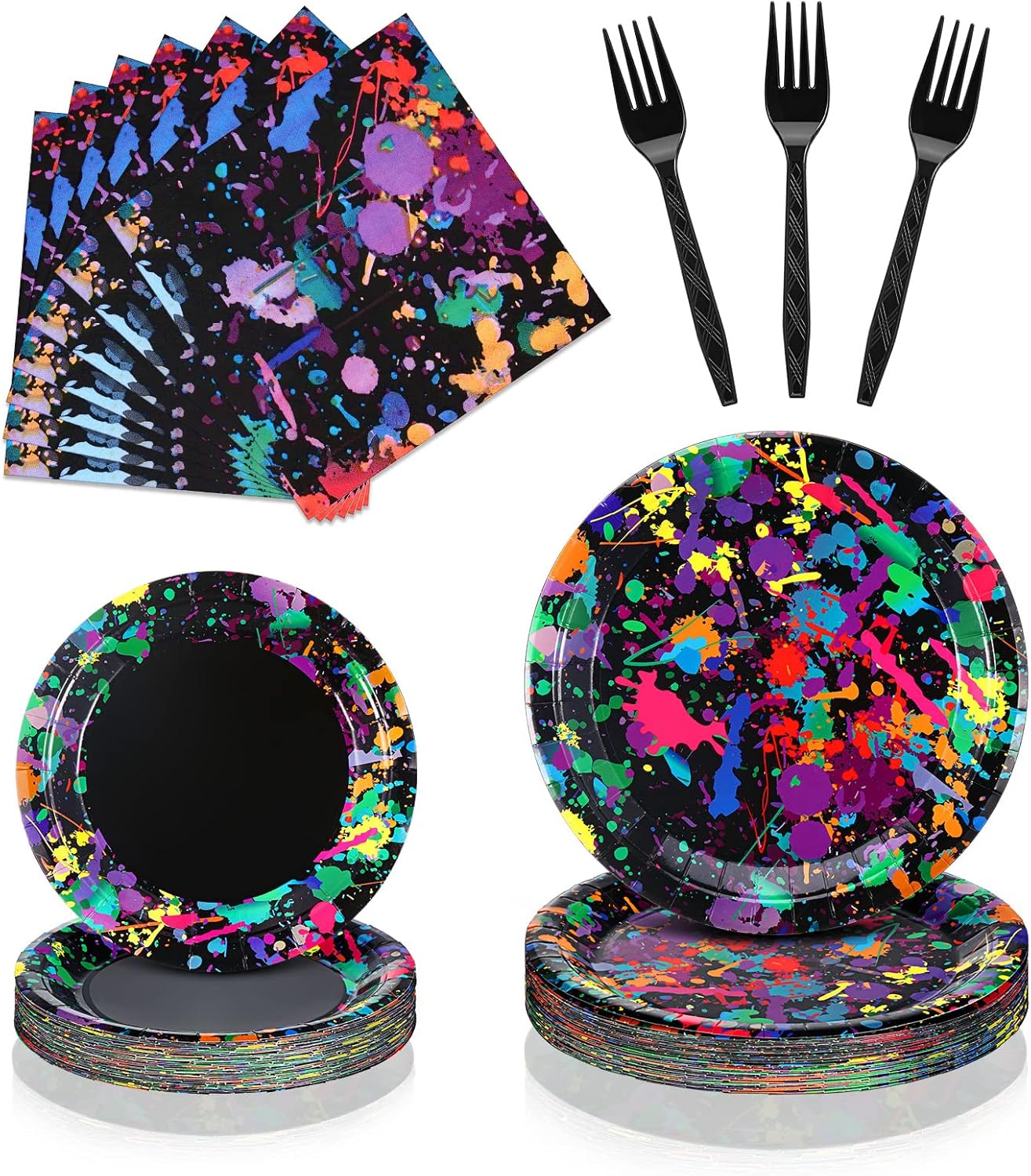 Baderke 192 Pcs Neon Glow Party Supplies Tableware Set, Including Napkins, Forks, Plates, Neon Birthday Party Decorations, Serves 48 Guests