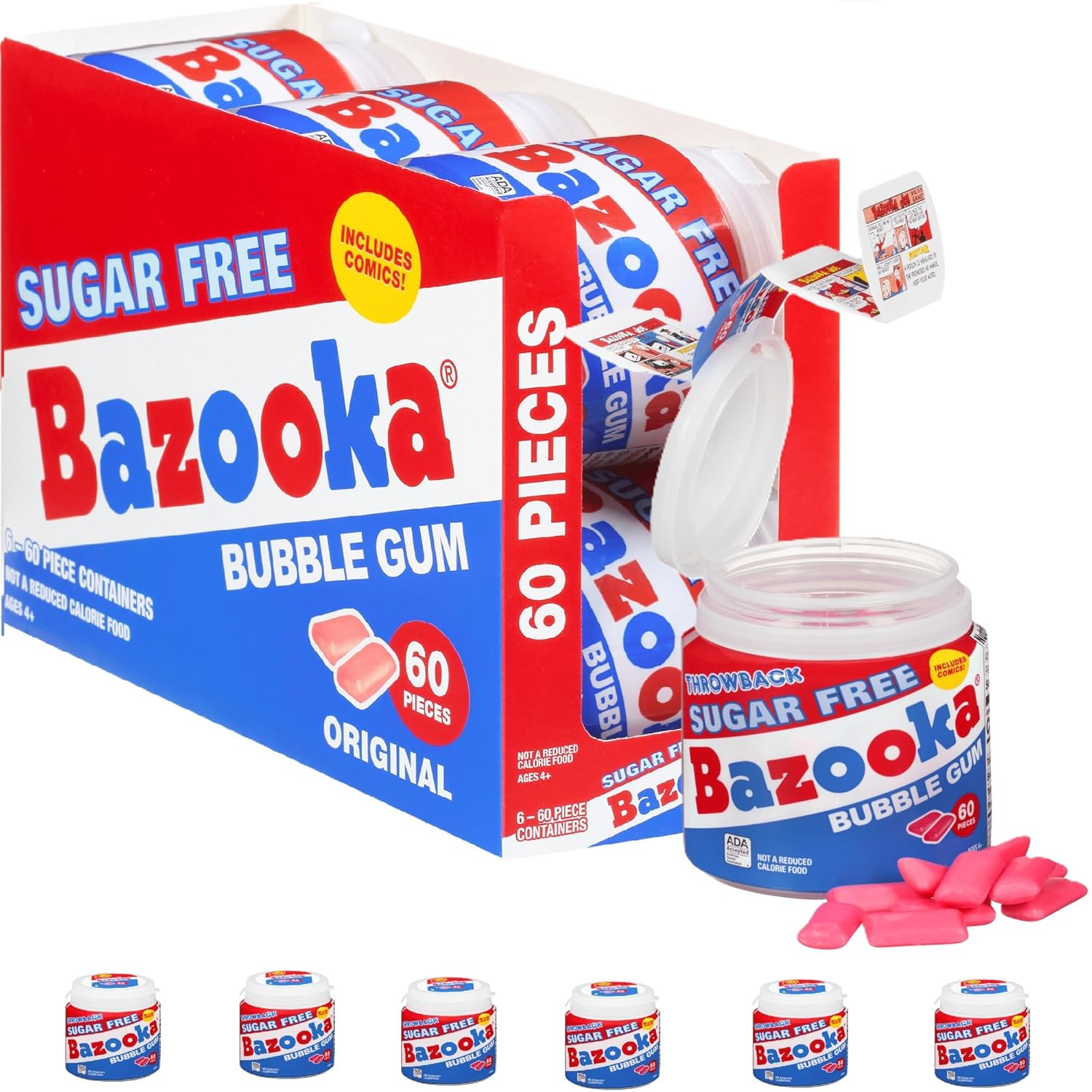 Bazooka Sugar-Free Bubble Gum Bulk Pink Chewing Gum in Resealable Container, 60 Count To Go Cup (6 Pack) w/ Bazooka Joe Comics, Baseball Party Favors, Goodie Bags, Nostalgic 90s Candy