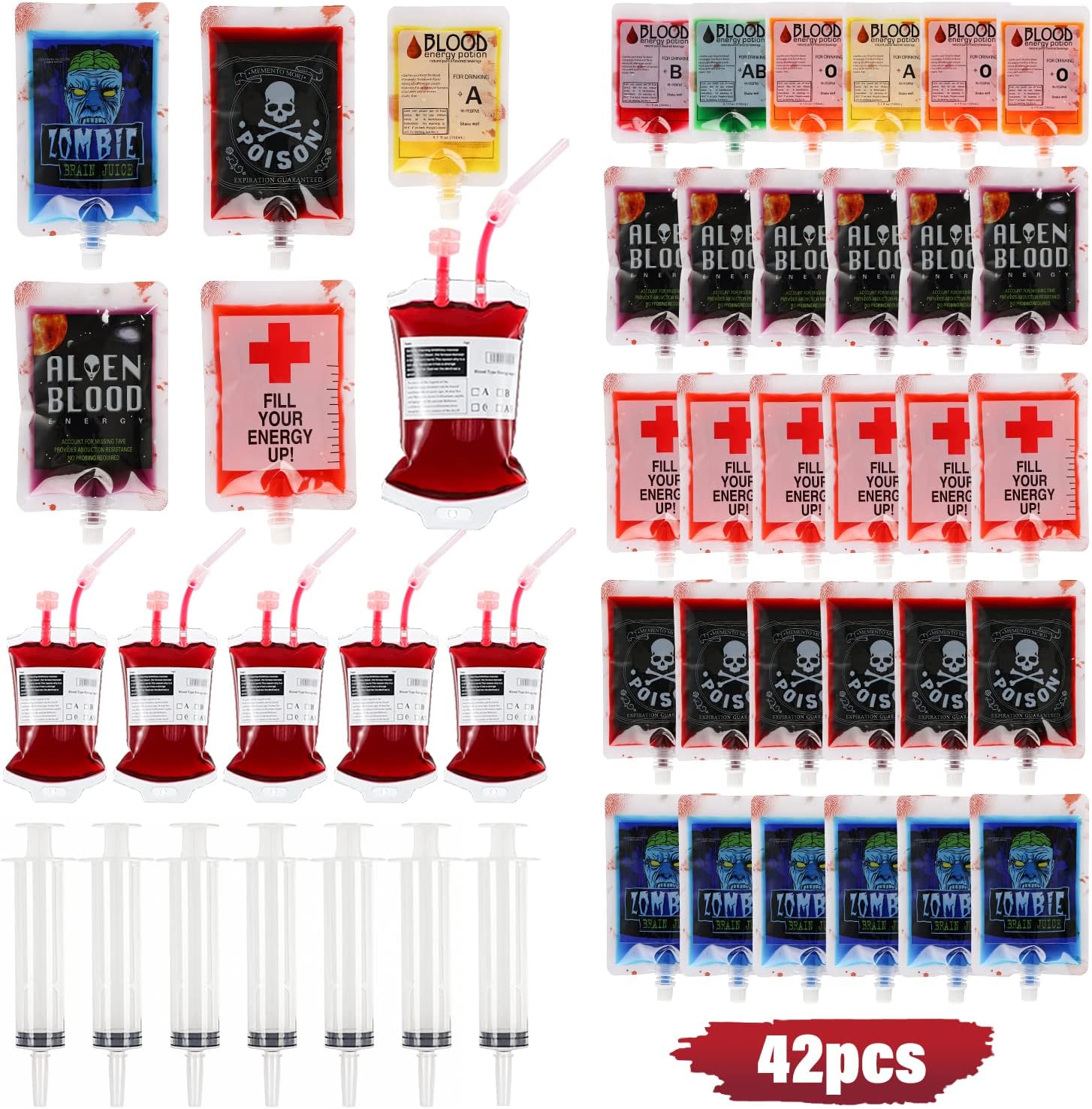 Halloween Blood Bags Party Supplies - 42PCS Blood Bags for Drinks 35 Reusable Blood Drink Pouches +7 Syringes Party Favors, Blood IV Bags for Vampire Zombie Costume Props Halloween Party Decorations