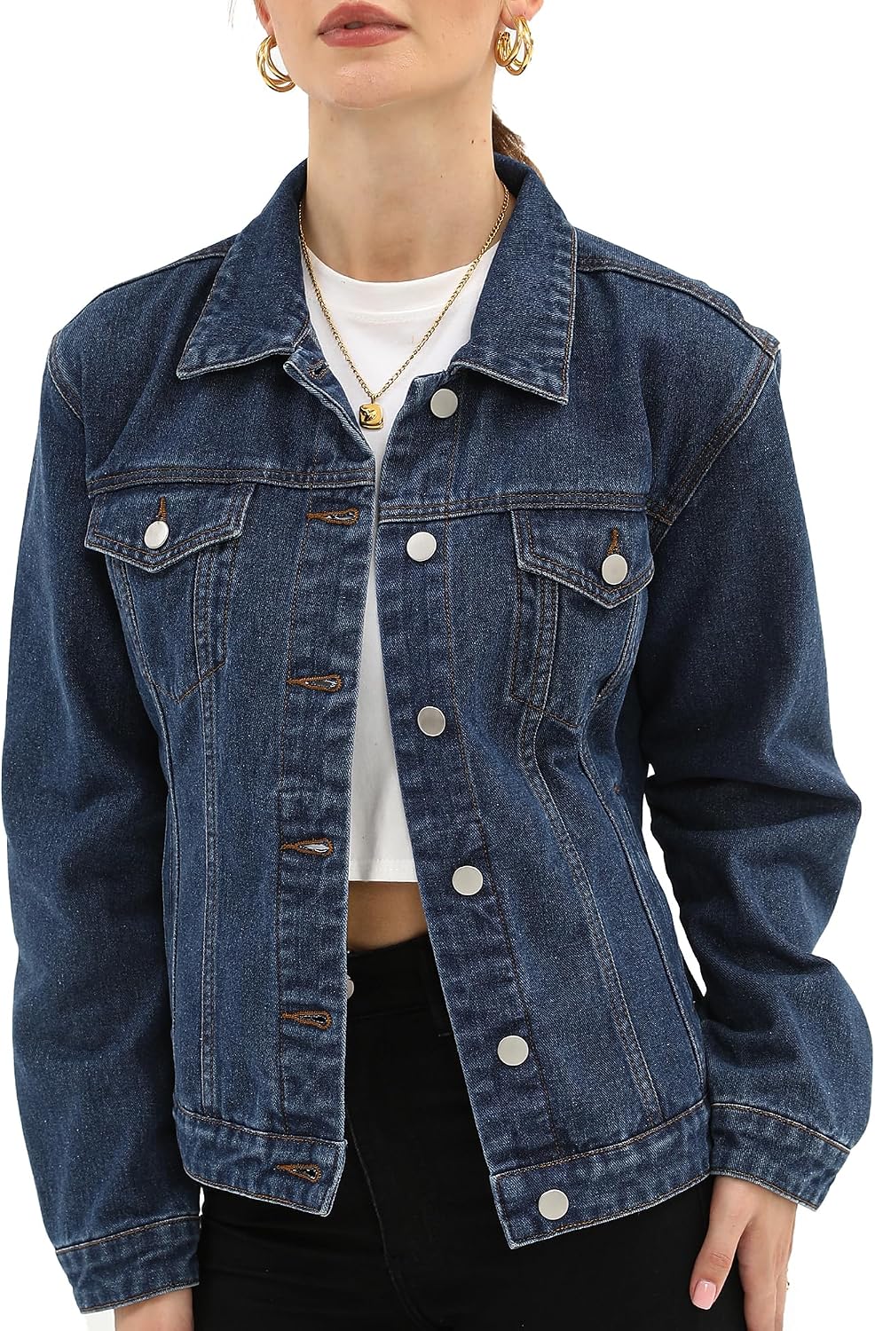 Women Denim Jacket Button Up Long Sleeve with Inner Pockets