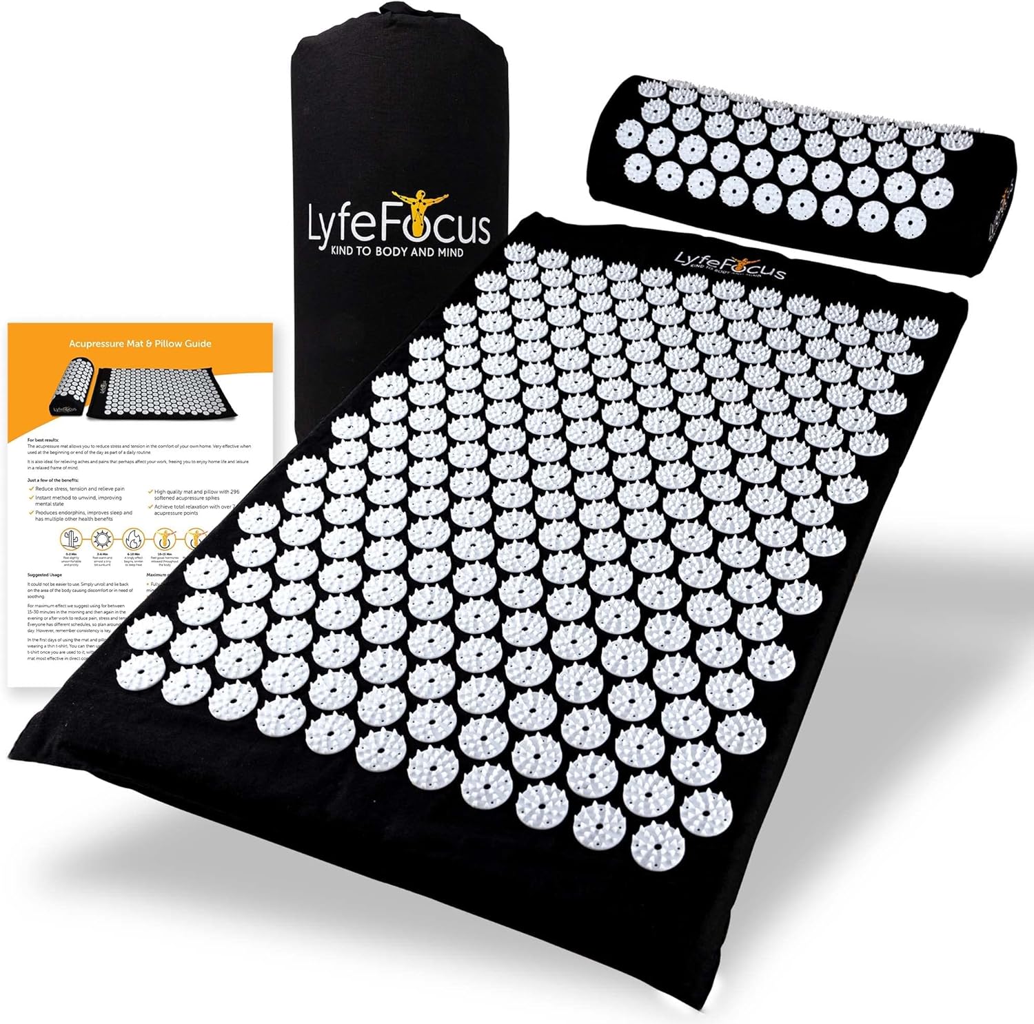 LyfeFocus Acupressure Mat & Pillow Set with Travel Bag - Cushioned Spike Acupuncture Massage Mat - Back, Neck & Shoulder Pain Relief - Ease Muscle Tension & Stress - Ideal Wellbeing Gift (Black&White)