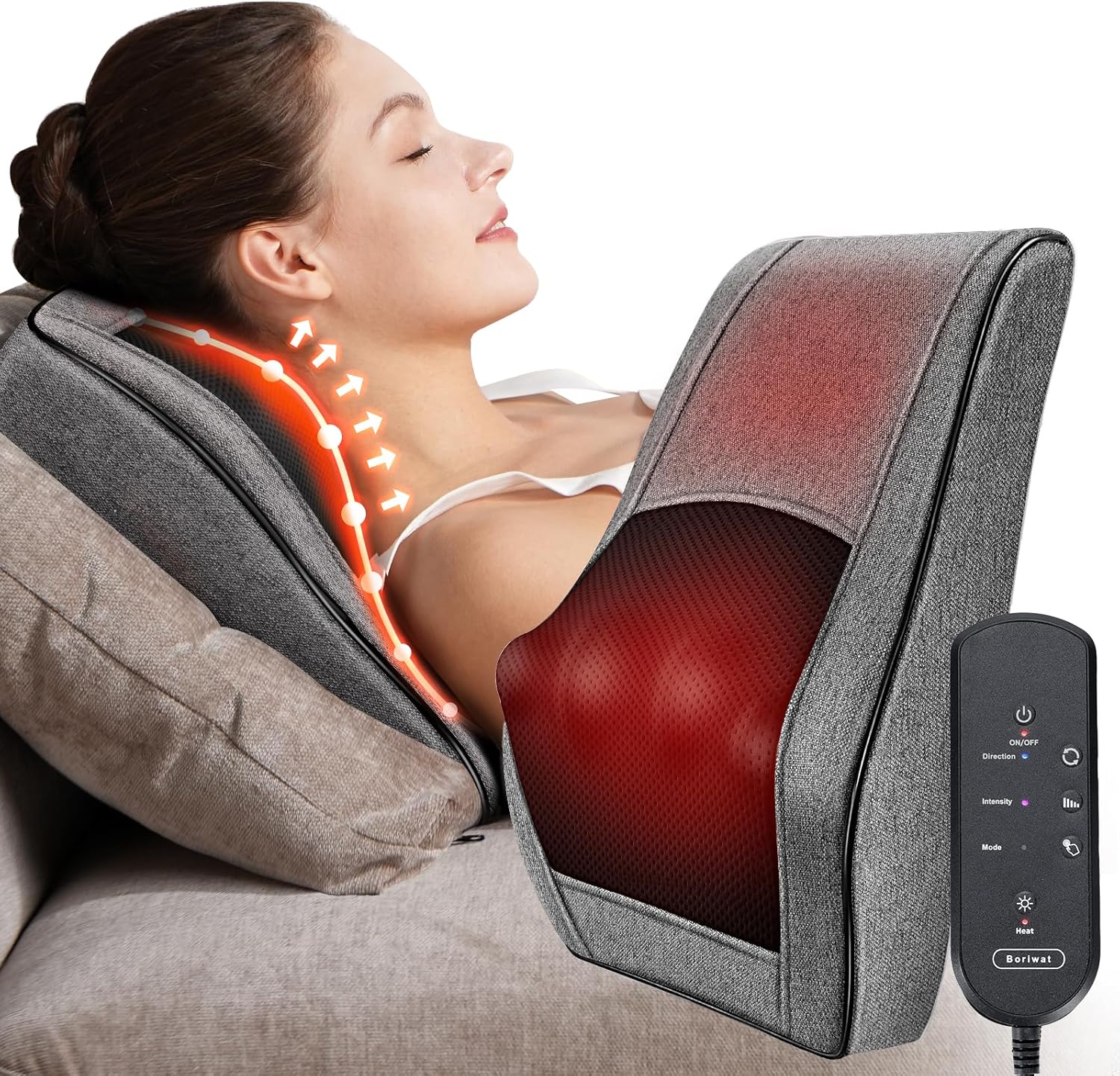 Boriwat Back Massager with Heat, Neck Massager for Pain Relief Deep Tissue, 3D Kneading Massage Pillow for Back, Neck, Shoulder, Legs, Gifts for Women Men Mom Dad