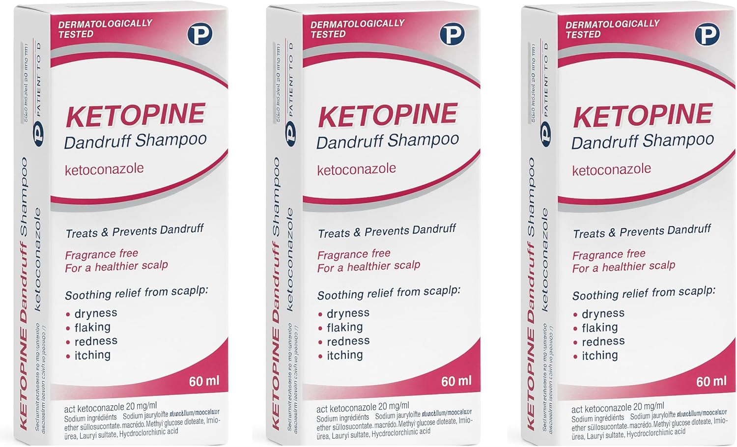 Anti-Dandruff Shampoo Ketopine with Ketoconazole 2% - Medicated Itchy Scalp and Flaky Scalp Treatment for Seborrheic Dermatitis, Fragrance-Free medicated ketoconazol shampoo 3 x 60ml