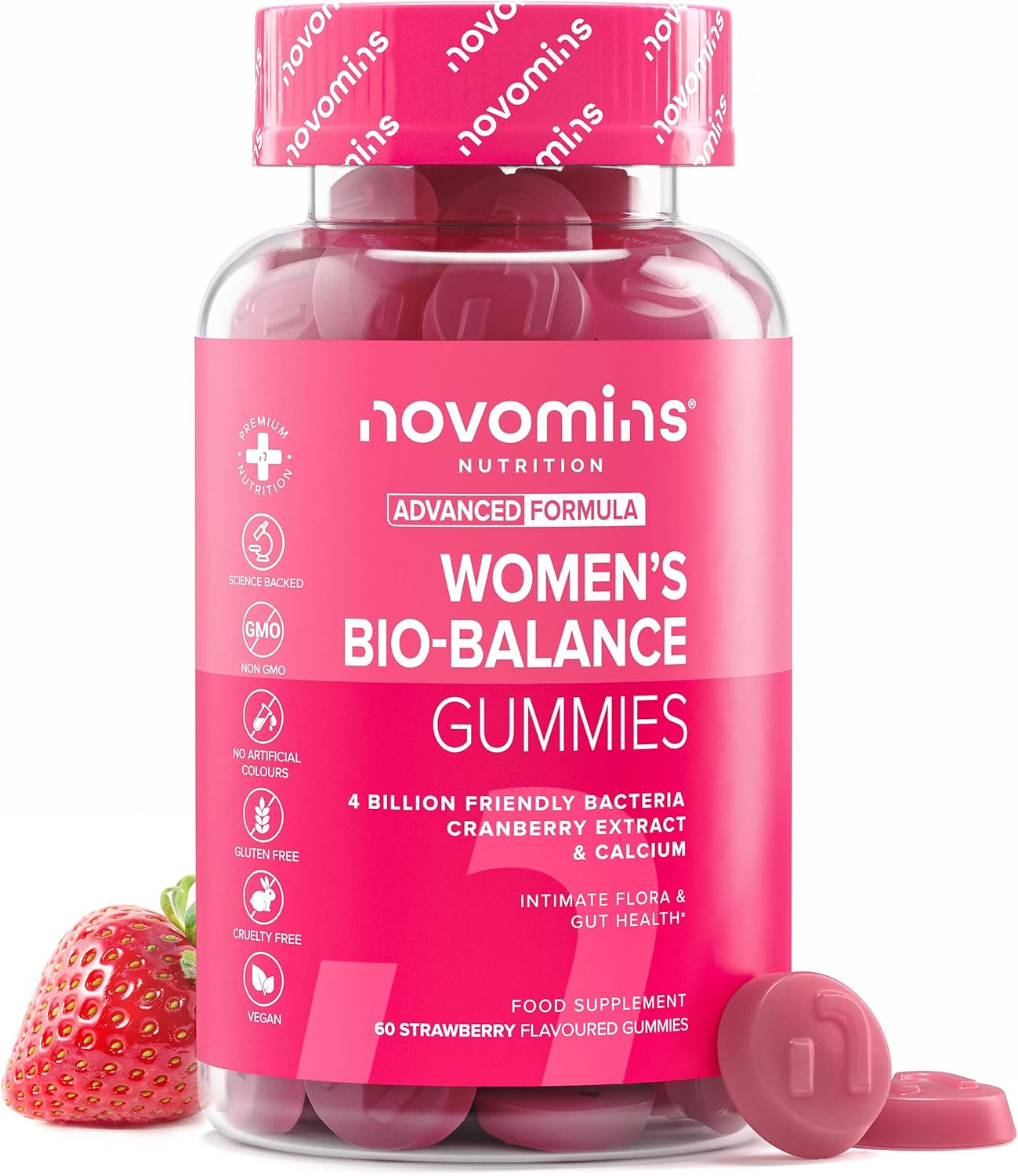 Probiotic Gummies – Women’s Bio-Balance Gummies for Intimate Flora and Gut Health – Advanced Multi-Strain Formulation – Vegan Supplement with Calcium & Cranberry Extract - Made by Novomins