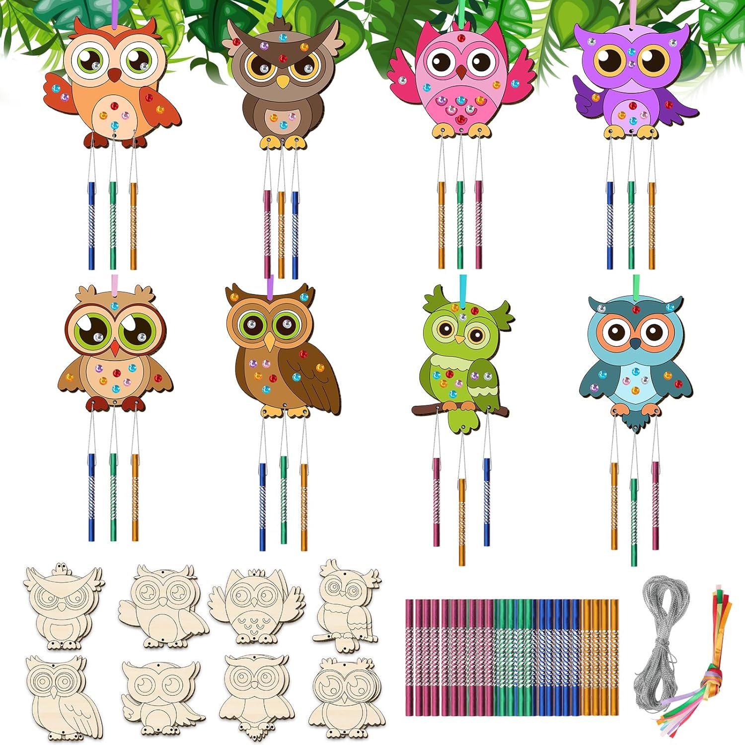 16 Pack Wind Chime Kits for Kids, Make Your Own Owl Wind Chime DIY Coloring Paint Owl Wooden Arts and Crafts Birthday Gifts for Girls Boys Christmas Ornament Crafts