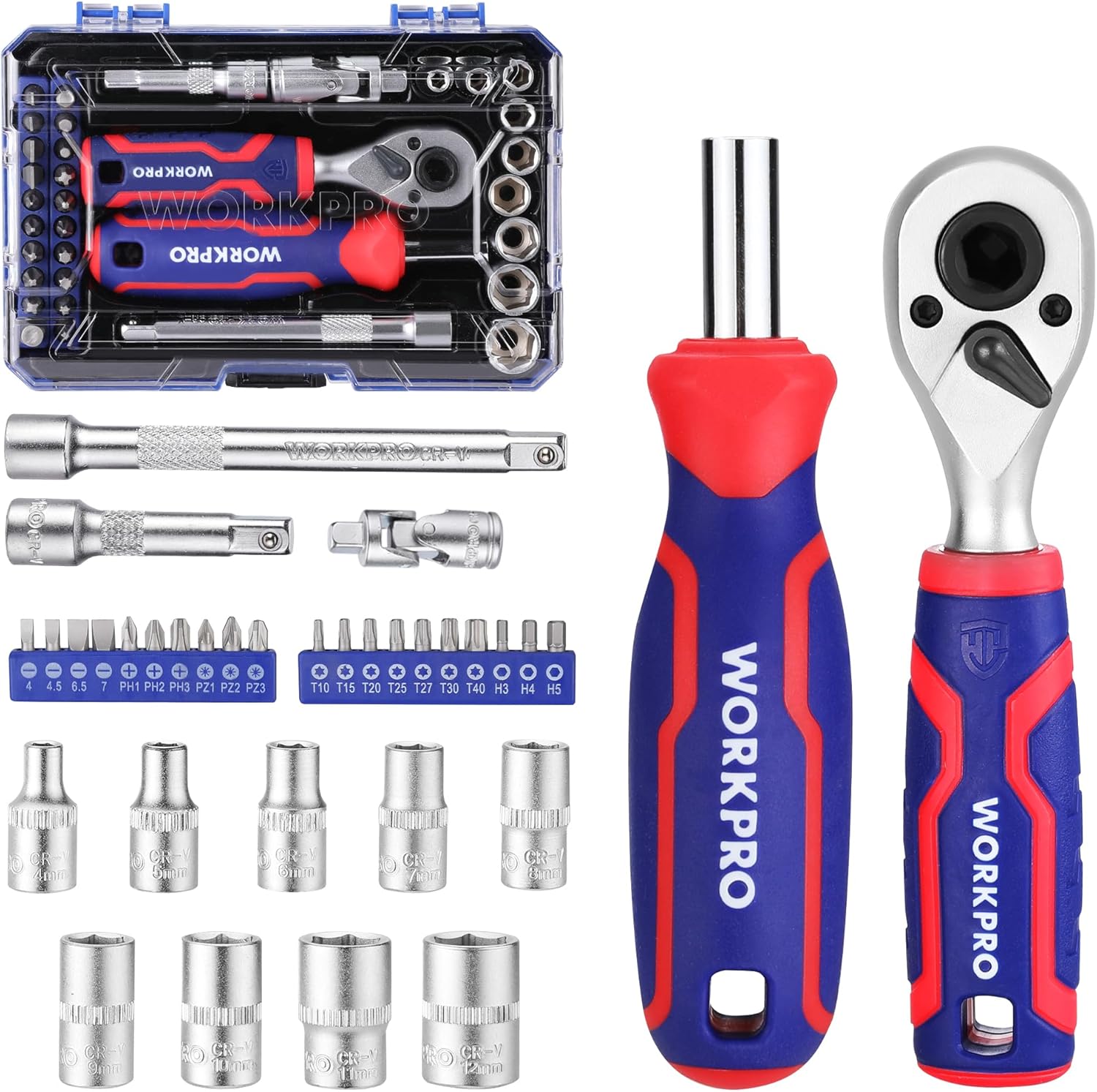 WORKPRO 34 Pieces 1/4" Socket Set, Ratchet Set with Bit Socket Set, Wrench Set and Extension Bar for DIY, Car Repair and Daily Maintine with Tool Box