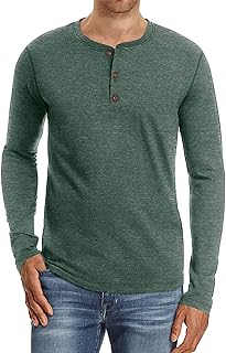 PEGENO Men's Fashion Casual Front Placket Long Sleeve Henley T-Shirts Cotton Shirts