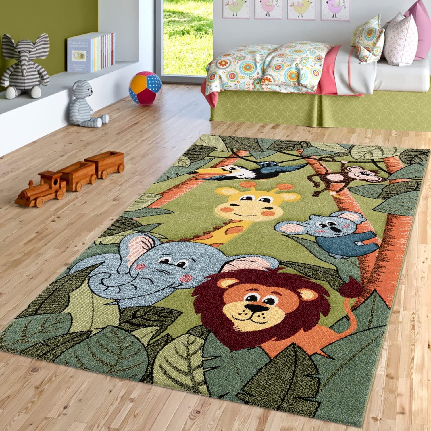 Paco Home Kids Rug for Nursery with Jungle Animals in Green, Size: 6'7" x 9'6"
