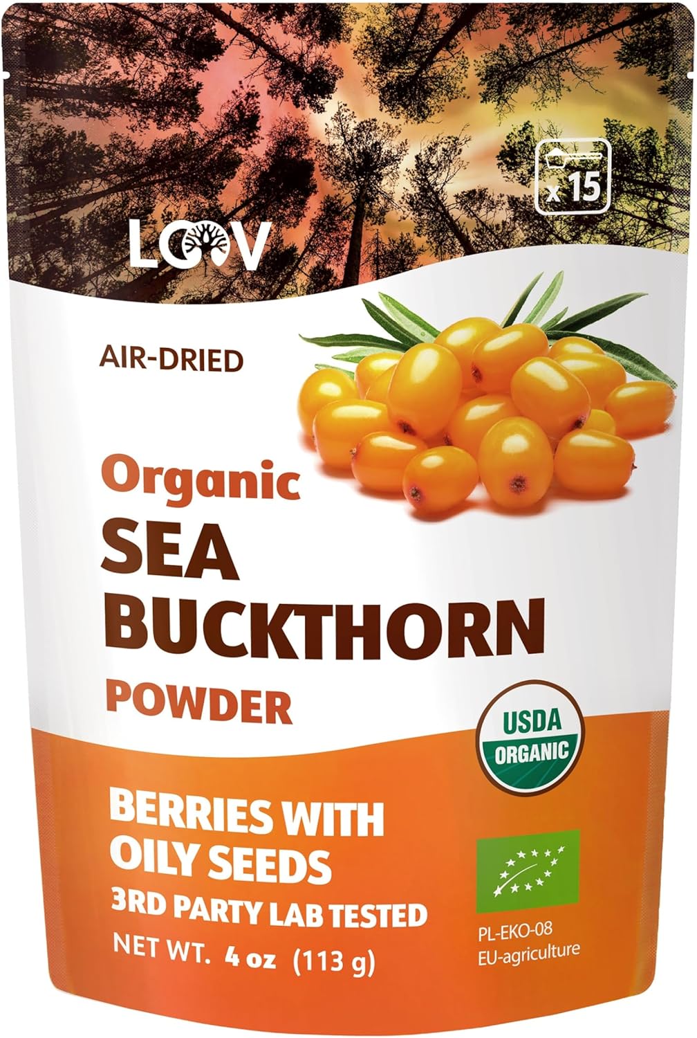 LOOV Organic Sea Buckthorn Powder, High in Fibre, Made from 100% Whole Berries, 113 g, Grown in Nordic Climate, Rich in Omega Blend, Vitamin C, Vitamin E, 23-Day Supply, No Added Sugar, Non-GMO