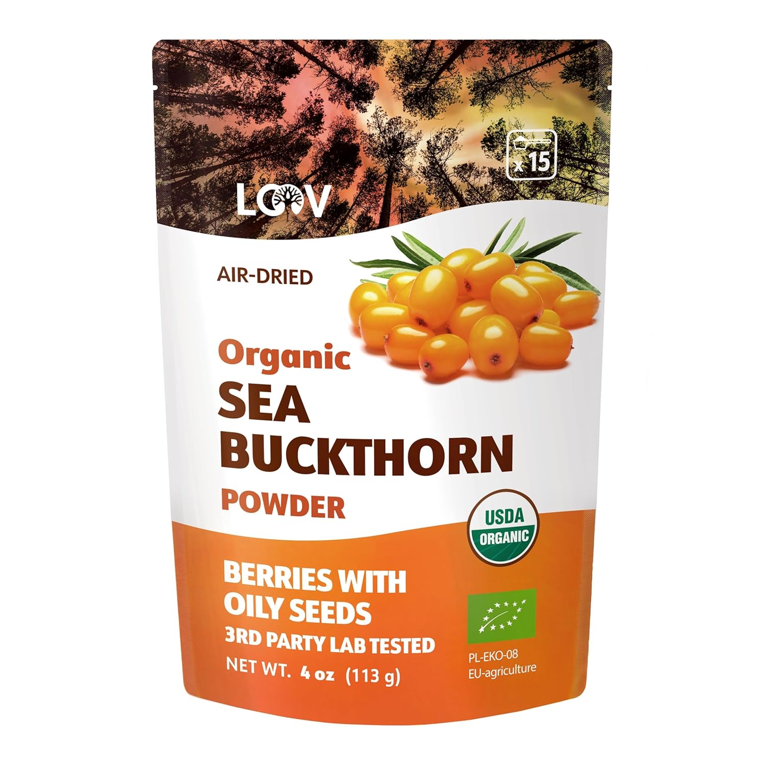 LOOV Organic Sea Buckthorn Berry Powder, High in Fiber, Omegas, Vitamin C, Vitamin E, Made from Whole Berries, 4 Oz, Grown in Nordic Climate, 23-Day Supply, No Added Sugar, Non-GMO
