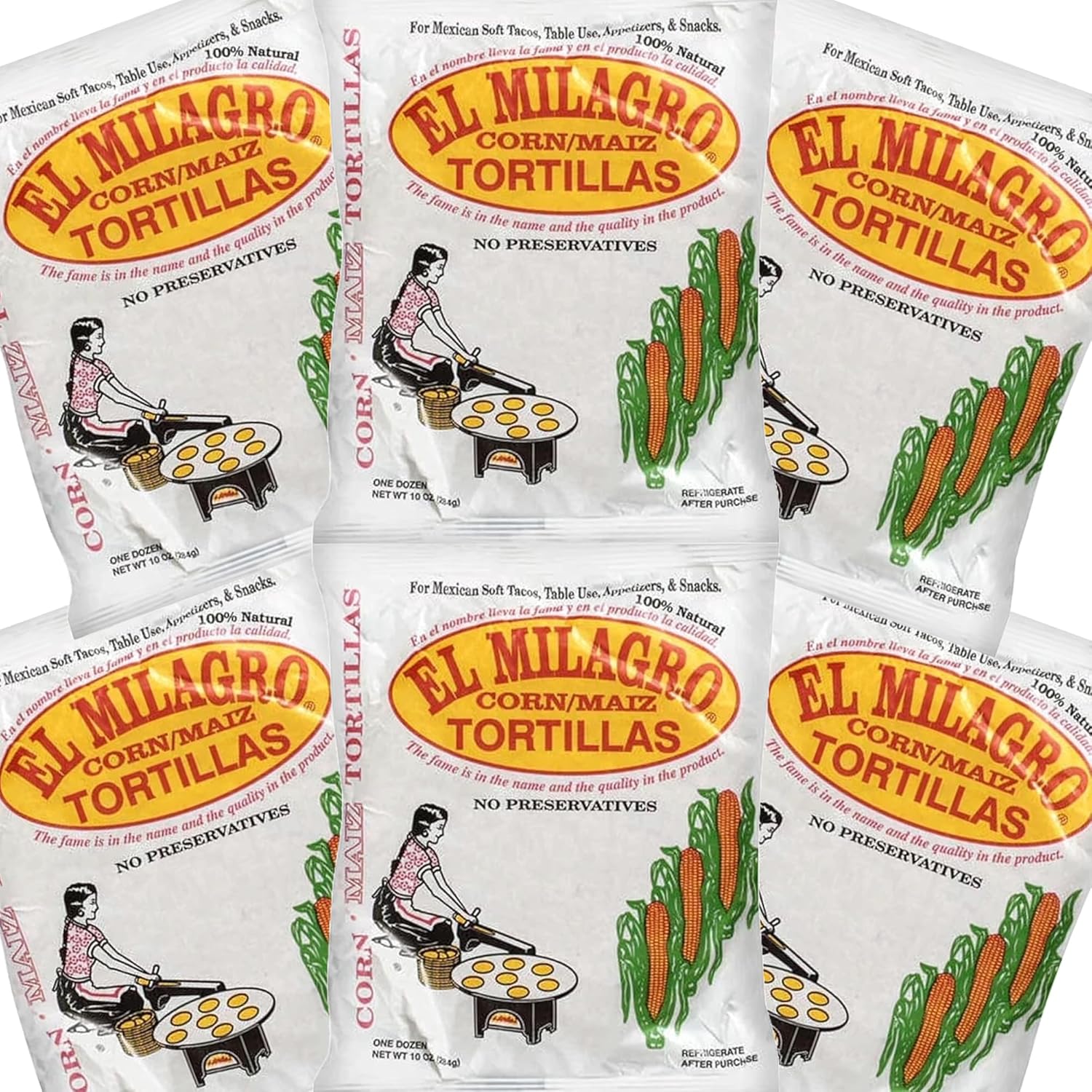 El Milagros Corn Tortillas, No Preservatives, Non-GMO, Fresh from Chicago - 6 Packages (72 Tortillas) (6 Pack Paper)