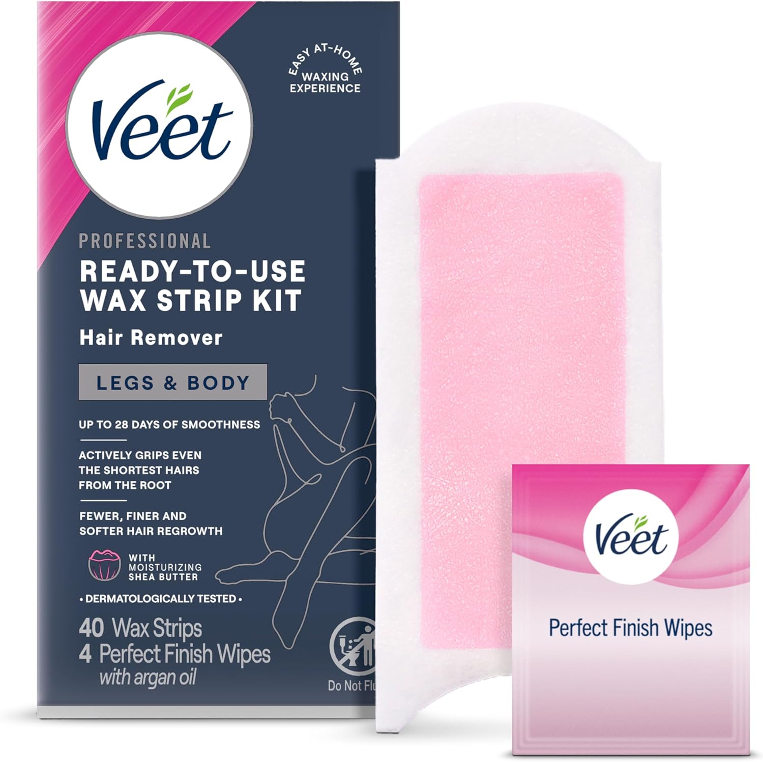 VEET Sugar Wax Strips For Women's Body Hair Removal, Bikini Hair Removal Kit, Pubic, Dermatologically Tested For Body & Intimate Areas, 40ct Wax Strips with Shea Butter & 4ct Wipes