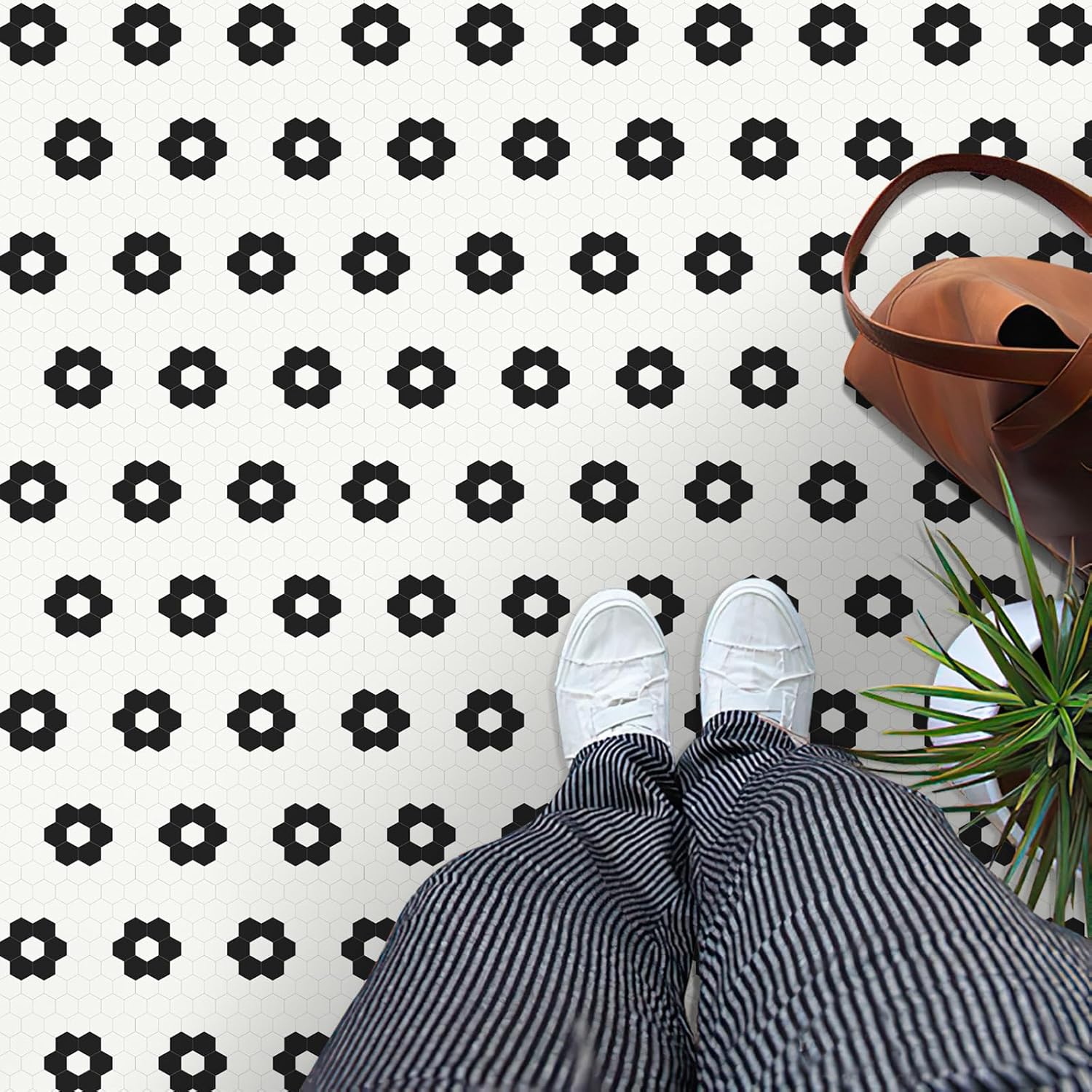 MORCART 40 Pack Peel and Stick Floor Tile, Vinyl Flooring Waterproof, 7.87" x 7.87" DIY Flooring for Bathroom, Kitchen, Fireplace, Pet House, Stairs, Bedrooms, Wall Black White