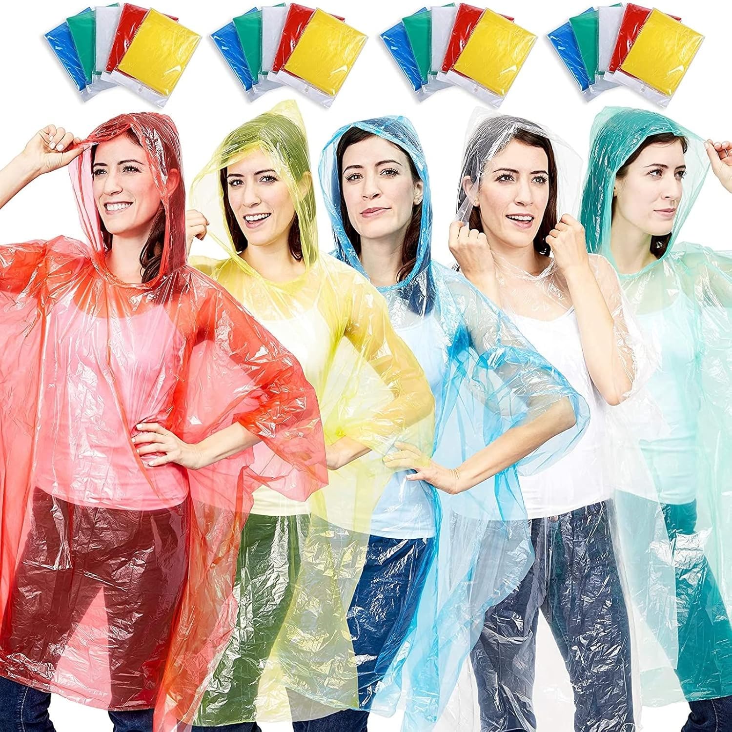 Juvale 20-Pack Disposable Rain Ponchos with Hood for Adults, Lightweight Emergency Plastic Poncho for Outdoor Events, Travel, Camping, Hiking, and Festivals, Clear Multicolor