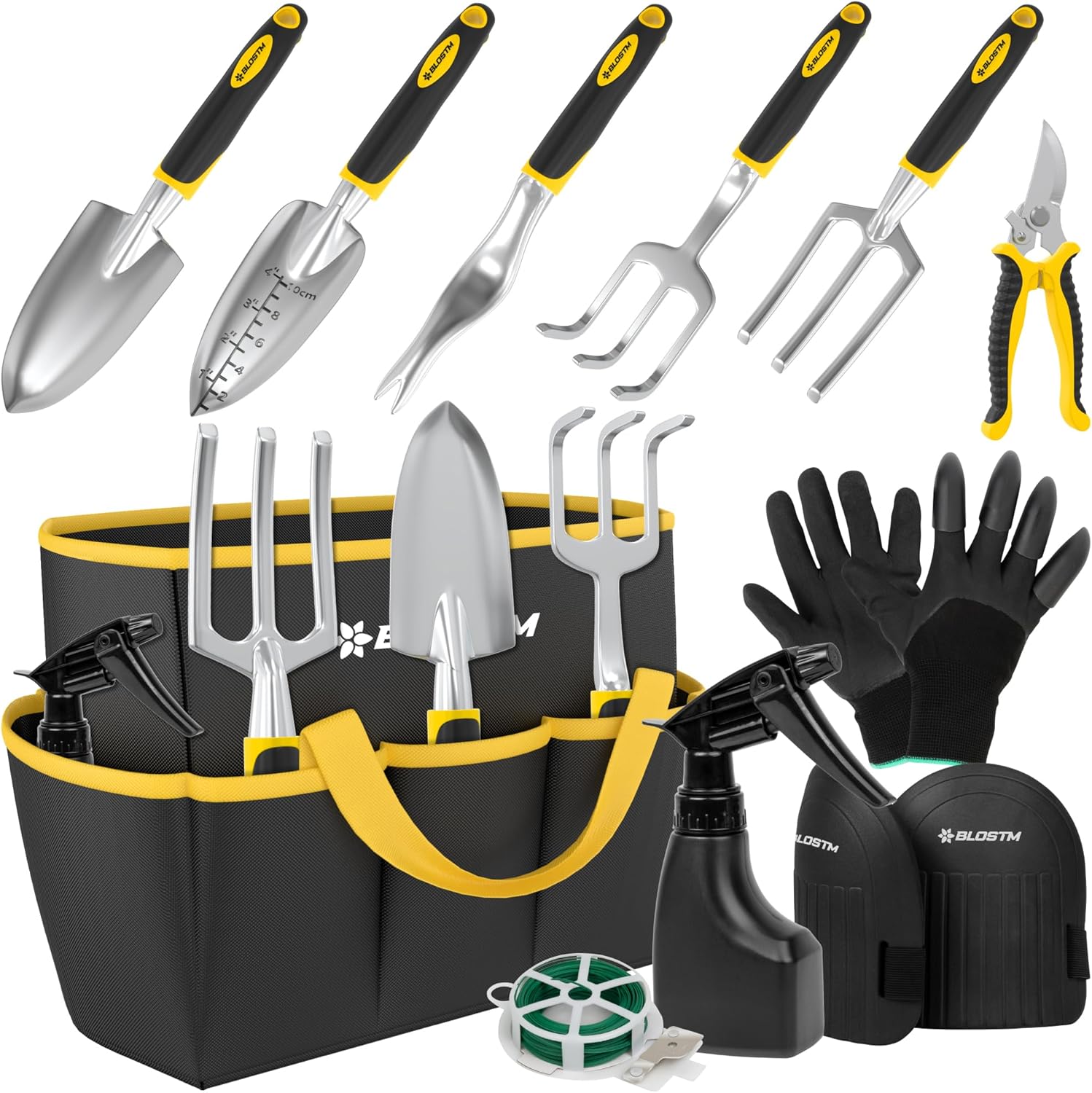 BLOSTM Gardening Tools Set 11 PCS - Heavy Duty Garden Tools Kit with Waterproof Tote Bag - Rust Proof Garden Trowel Set with Ergonomic Handles - Gardening Gifts for Men & Women (Yellow/Black)