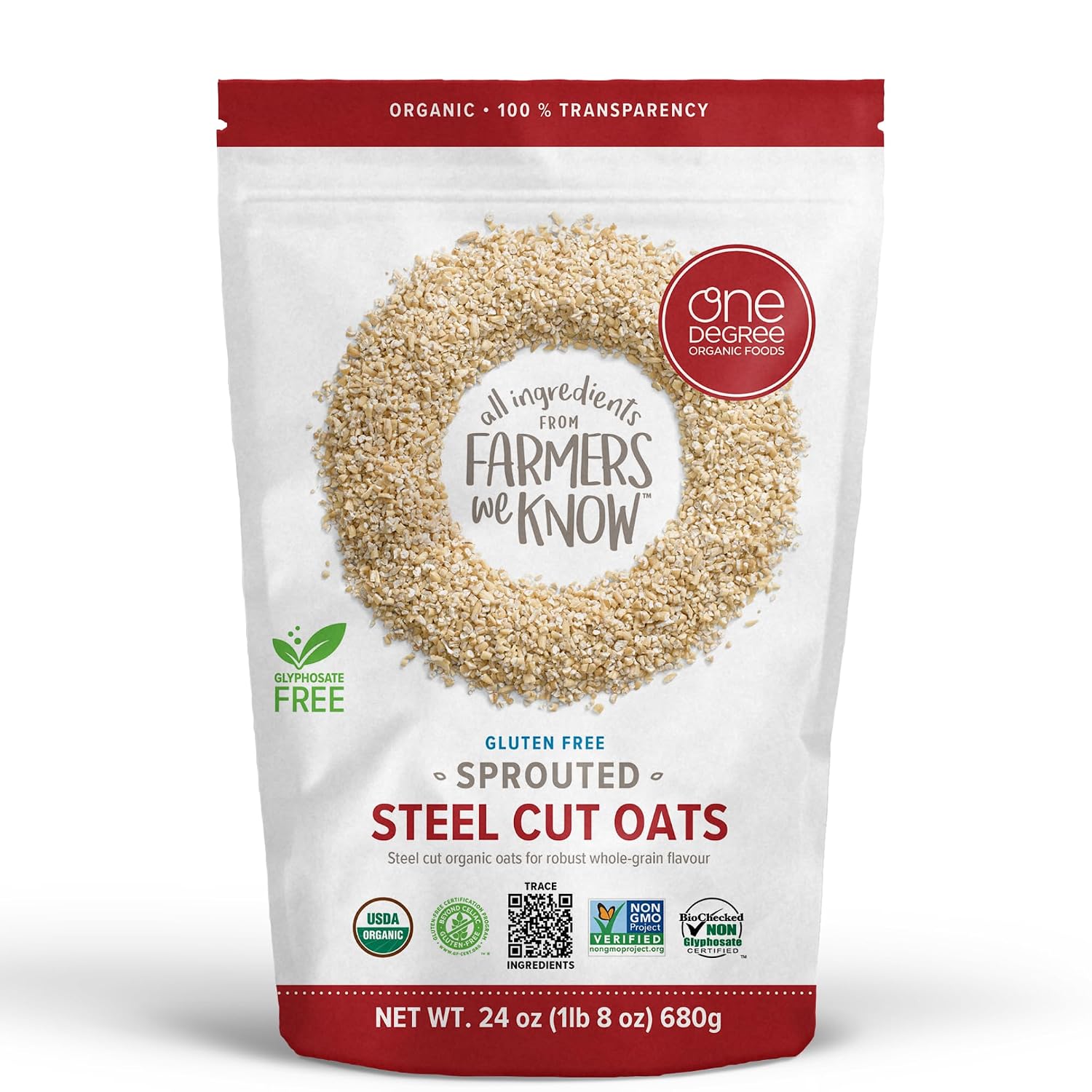 One Degree Organic Foods, Gluten-Free Sprouted Steel Cut Oats, USDA Organic, Non-GMO Gluten Free Cereal, 24 Oz (Pack of 4)