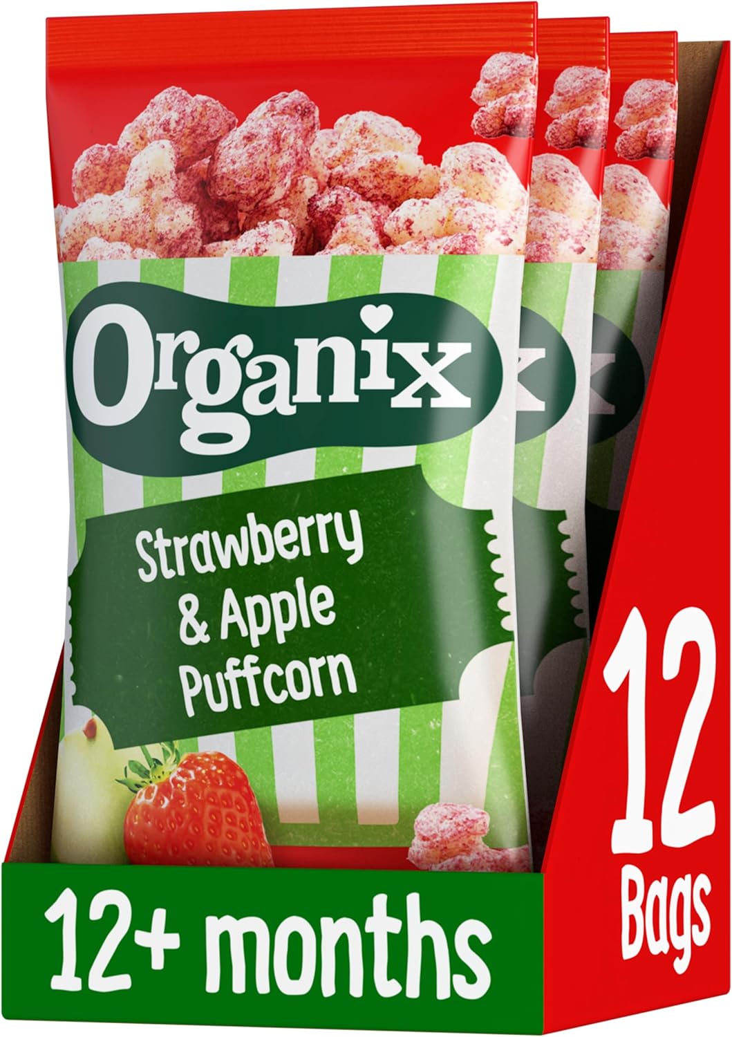Organix Strawberry & Apple Puffcorn, Organic Toddler Snack, Finger Food, 12+ Months, Multipack, 4 x 10 g Bags Per Pack (3 Packs Total)