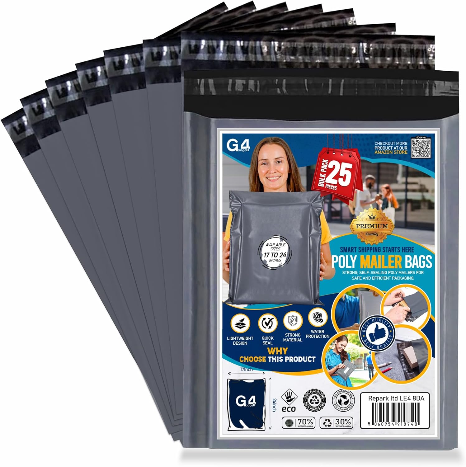 G4GADGET 25 Pack Large Grey Mailing Bags 17x24 [432mm x 610mm] – Strong Postage Bags for Clothes, Vinted Shipping, Parcel Packaging, Delivery, Mailing & Posting