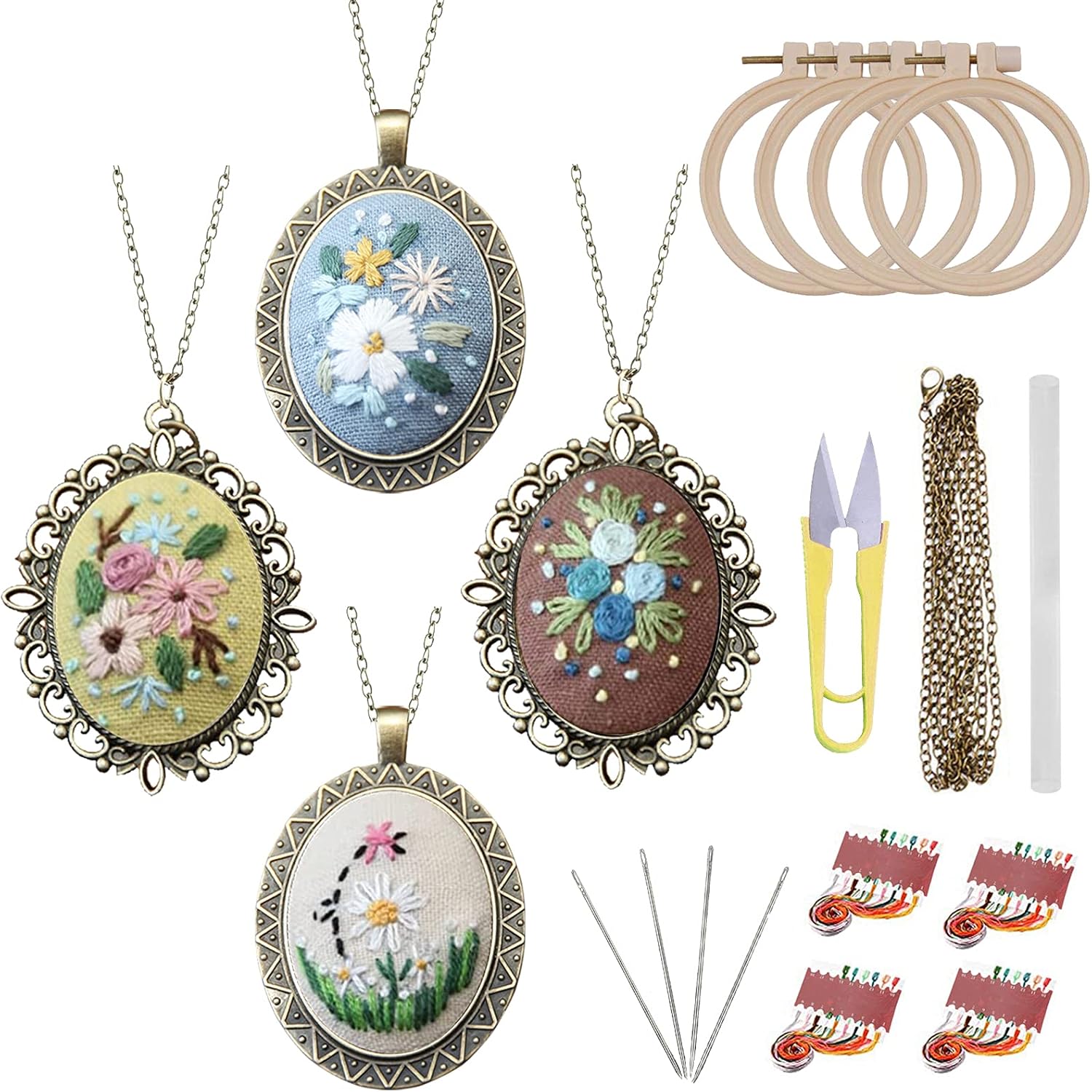 ZOCONE 4 Packs Embroidery Necklace Kits, Embroidery Pendant Kit Mini Cross Stitch Kit with 4 Hoops, Necklace, Pendant, Stamped Pattern Cloth, Instructions, etc., Embroidery Kits for Adults