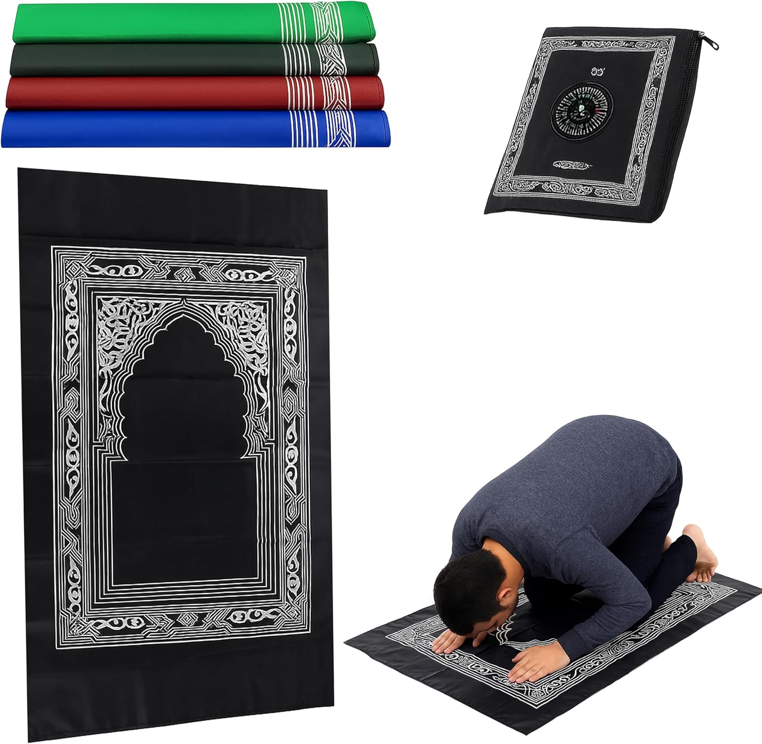 Portable Travel Prayer Mat with Qibla Compass | Pocket Size, Waterproof Muslim Islamic Rug for Salah | Lightweight, Compact, Ideal for Ramadan, Eid, Hajj, Umrah | 100x60cm (Random Color)