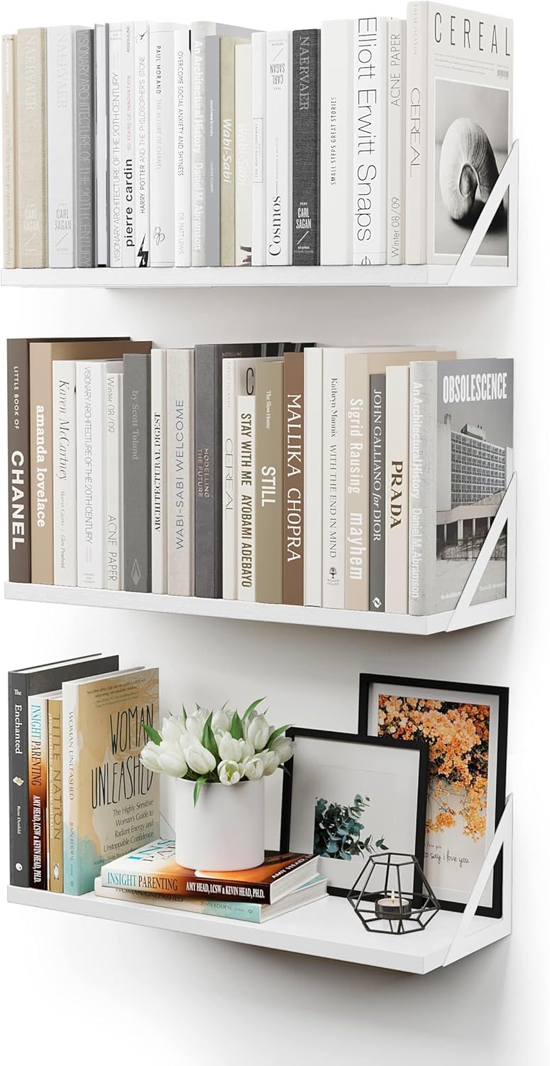 CASSA TOKO Wall Mounted Floating Book Shelves for Wall Set of 3, Shelf Bookshelf for Bedroom Living Room Office Bathroom Kitchen Rustic Wood with Metal Bracket (White)